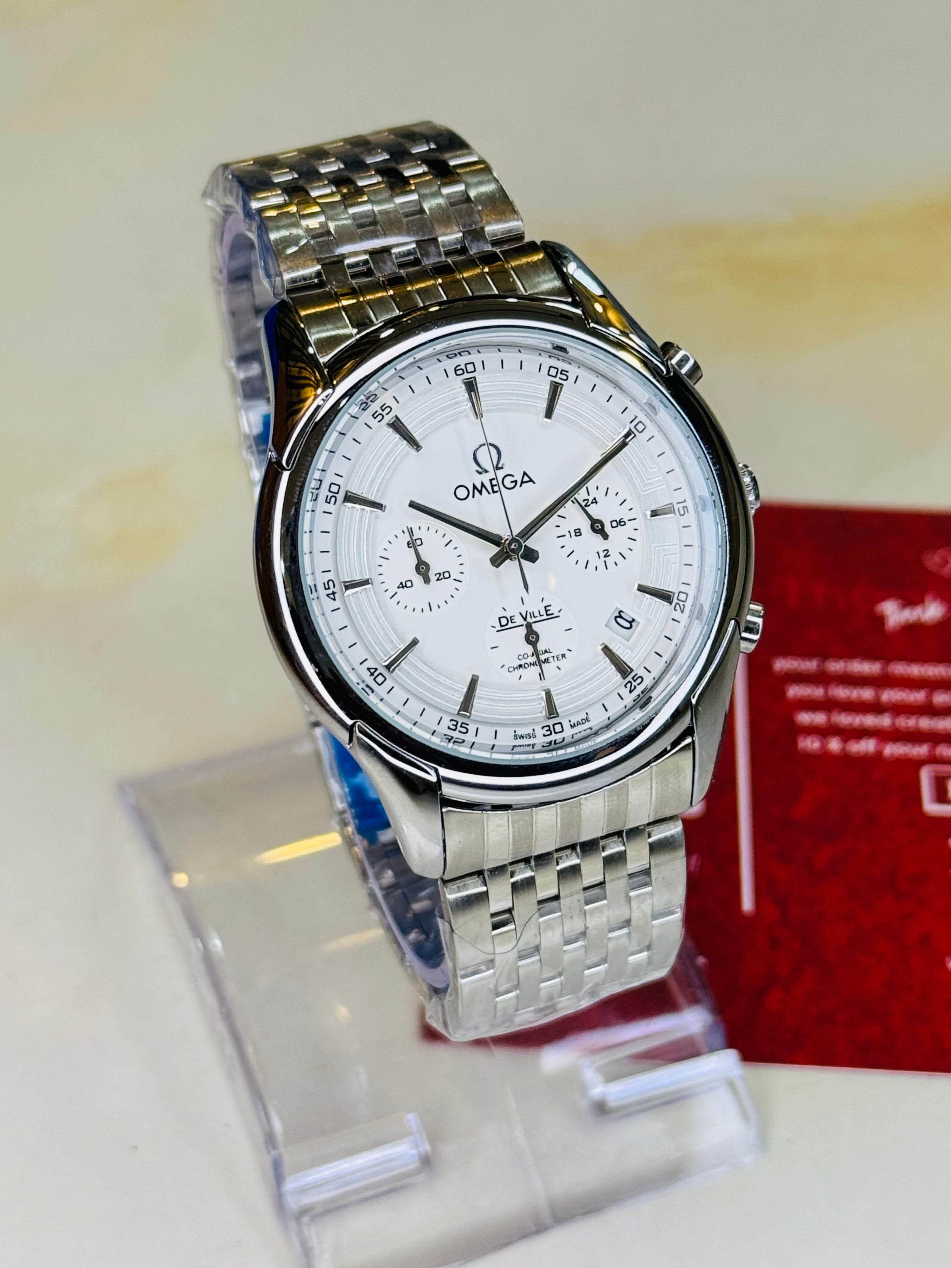 Omega De Ville Silver White Chronograph Watch