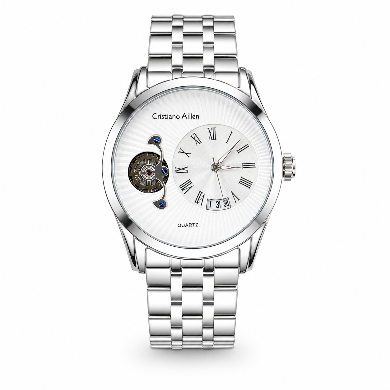 Silver Cristiano Aillen White Spiral Gear Dial Watch