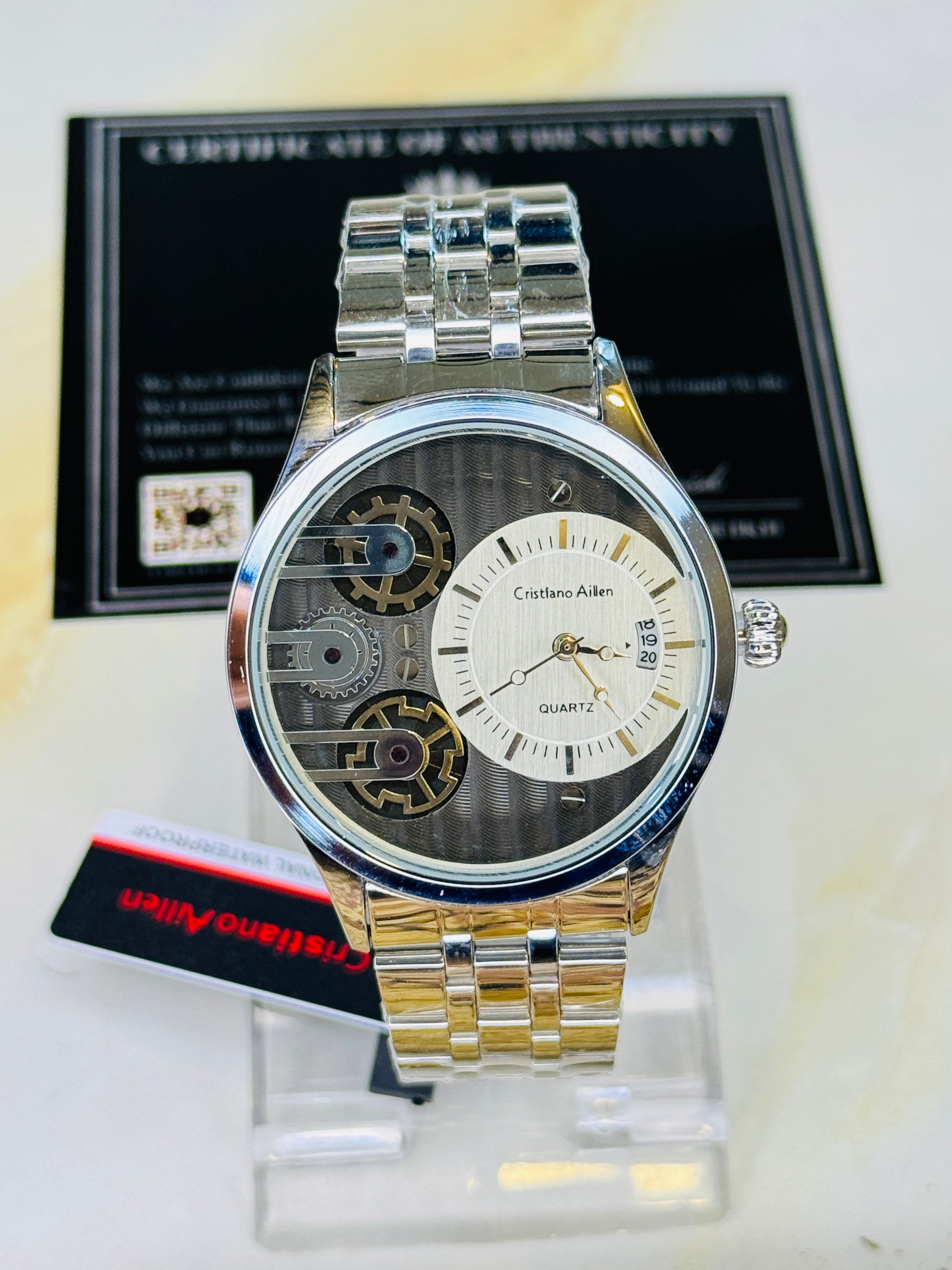 Silver Cristiano Aillen Black White Dial Dual Gear Watch