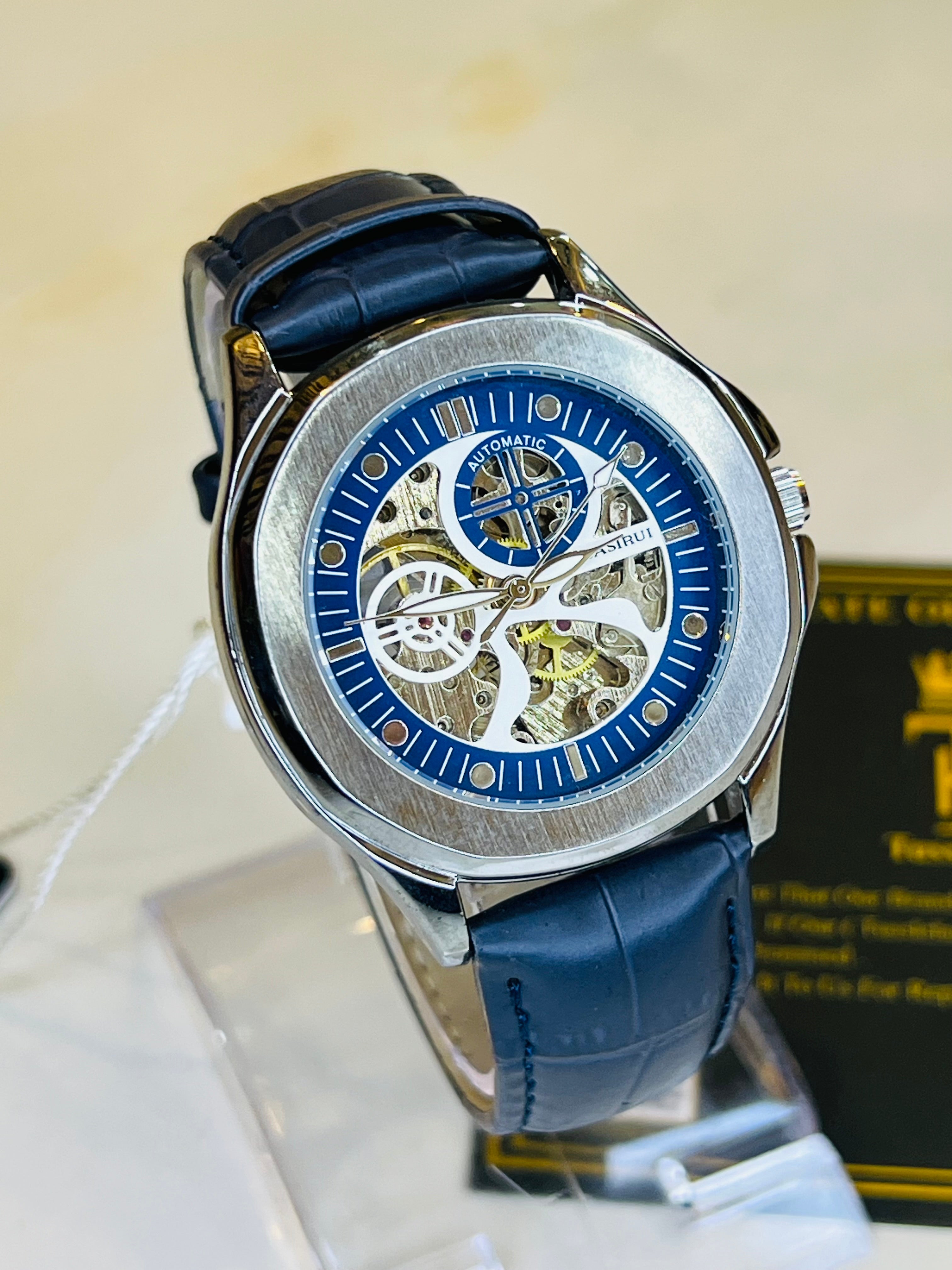 Casirui Blue Silver Automatic Skeleton Leather watch