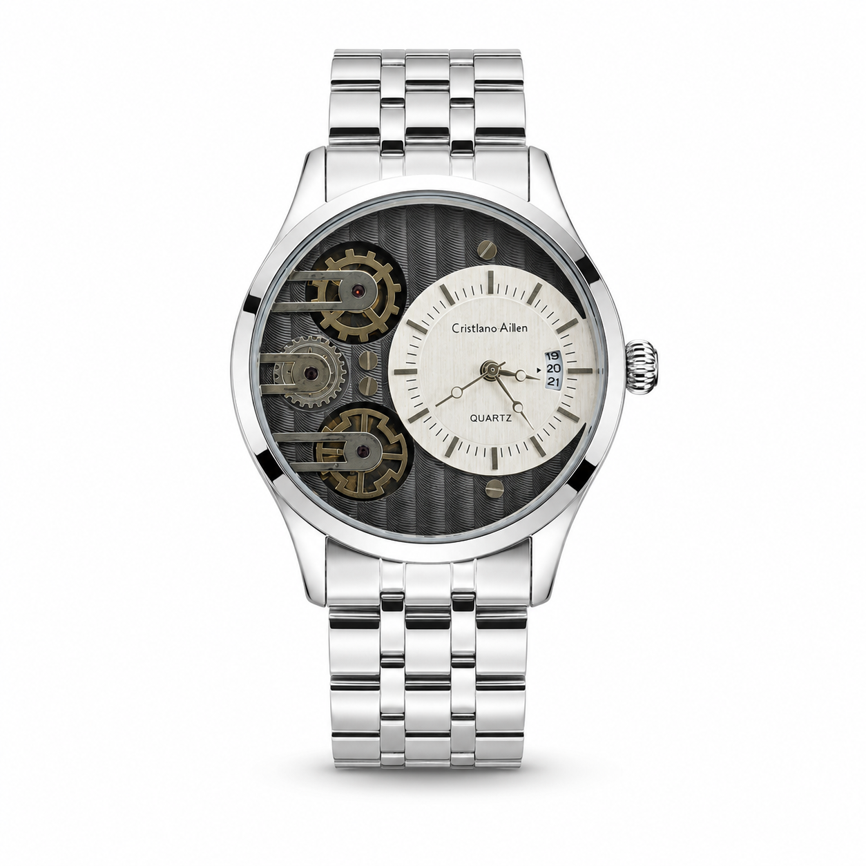 Silver Cristiano Aillen Black White Dial Dual Gear Watch