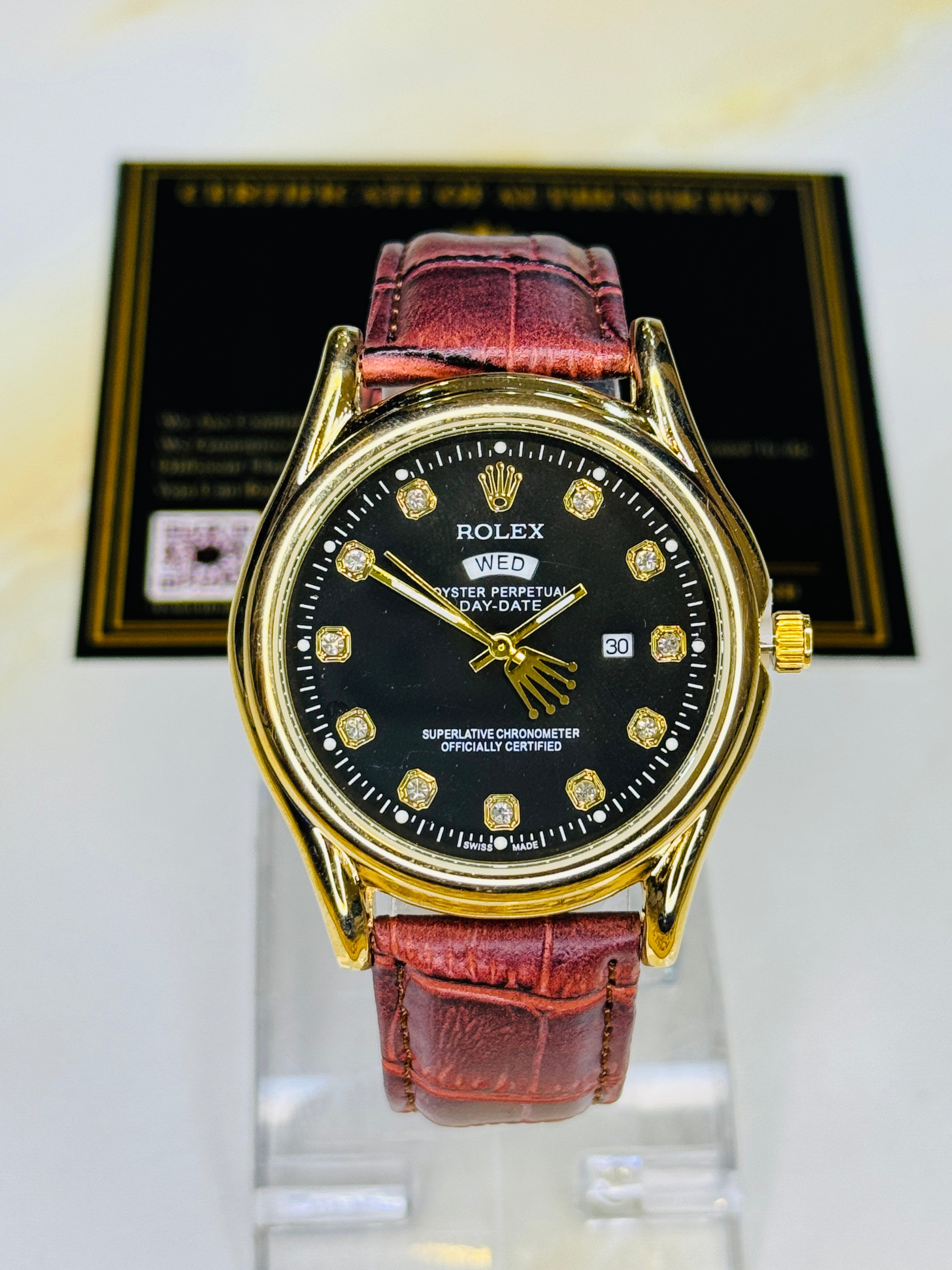 Brown Gold Black Round Leather Rolex Watch