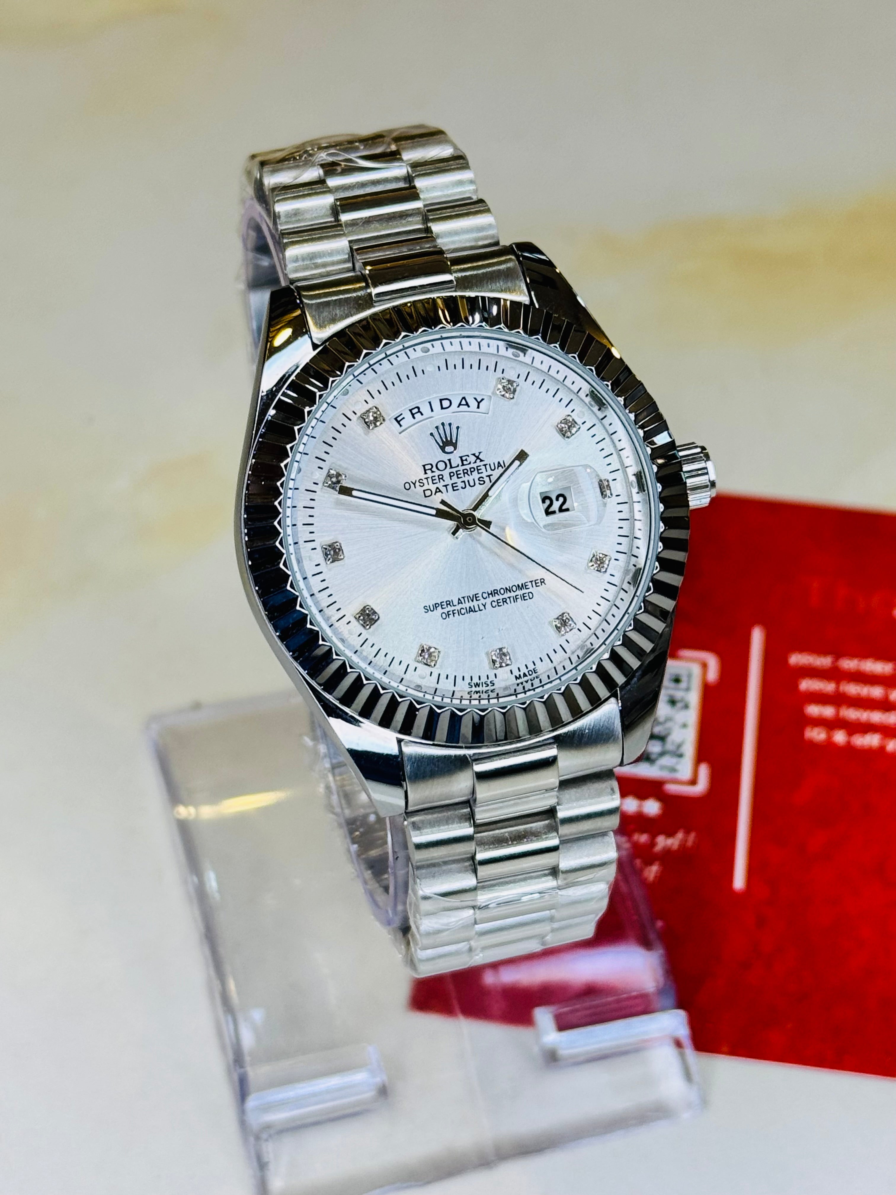 Premium Day Date Rolex Silver White Dial Watch