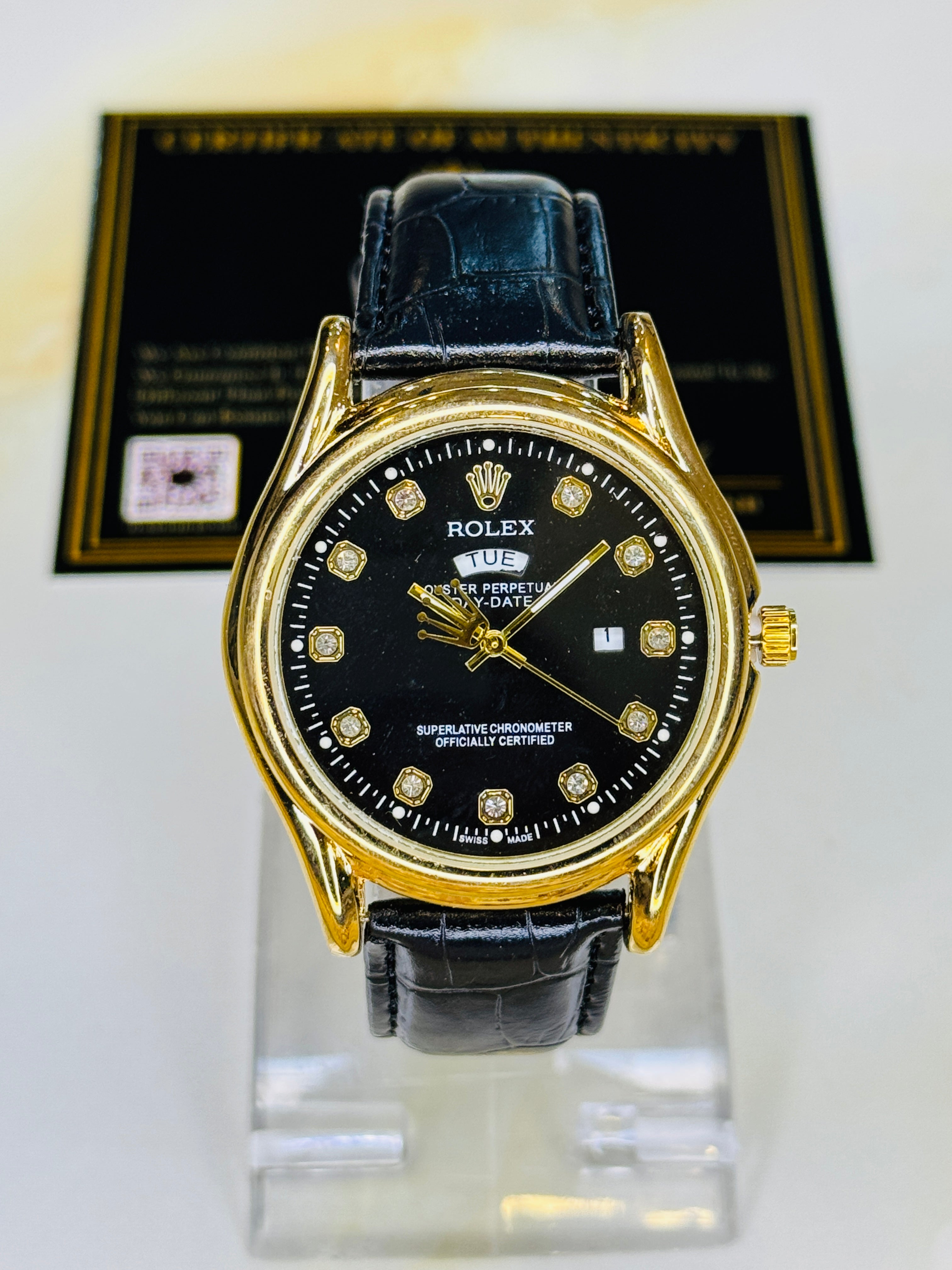 Black Gold Black Round Leather Rolex Watch