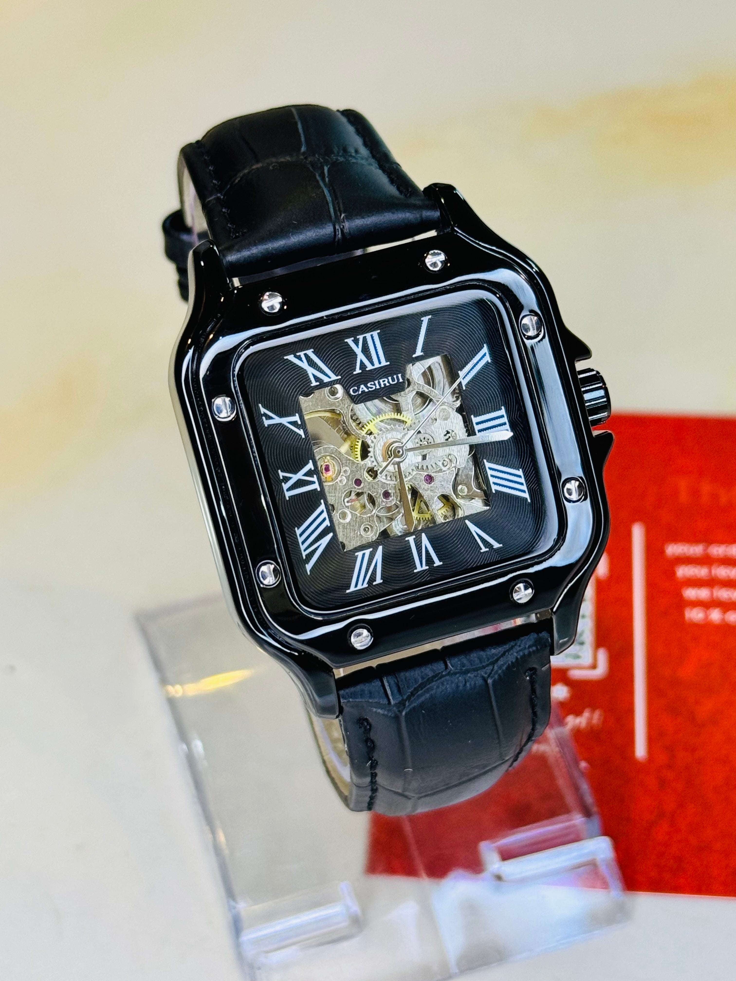 All Black Tank Automatic Skeleton Watch