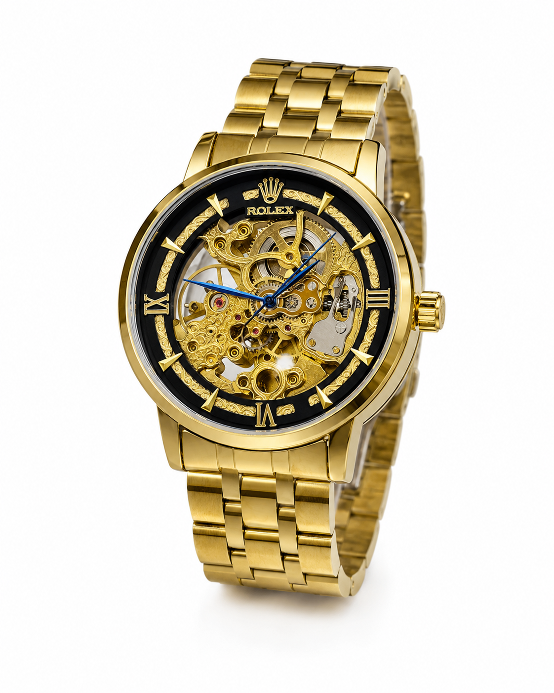 R-1 Gold Black Chain Strap Skeleton Automatic Watch