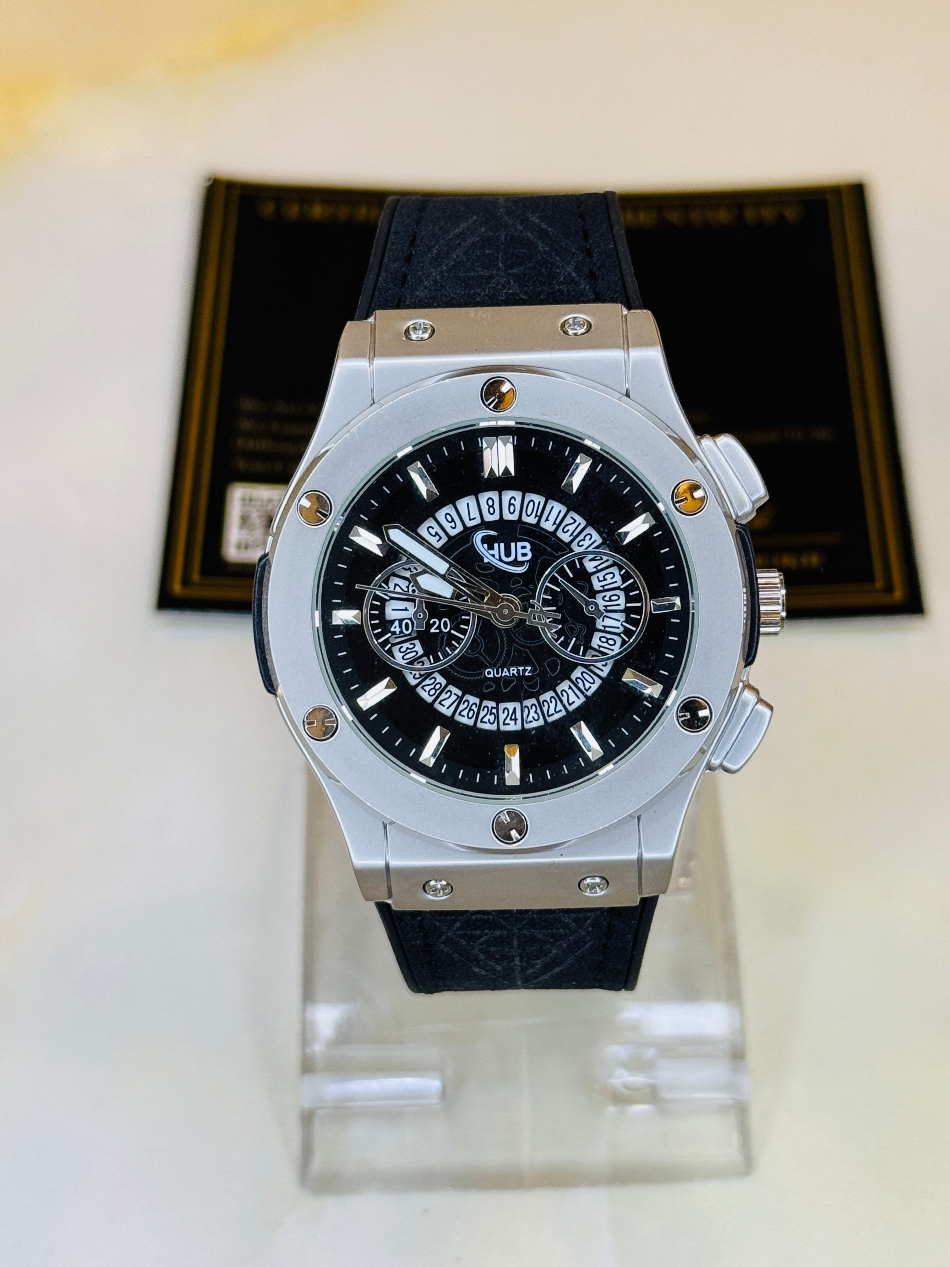 Black Silver Black Hologram Hublot Leather Strap Watch