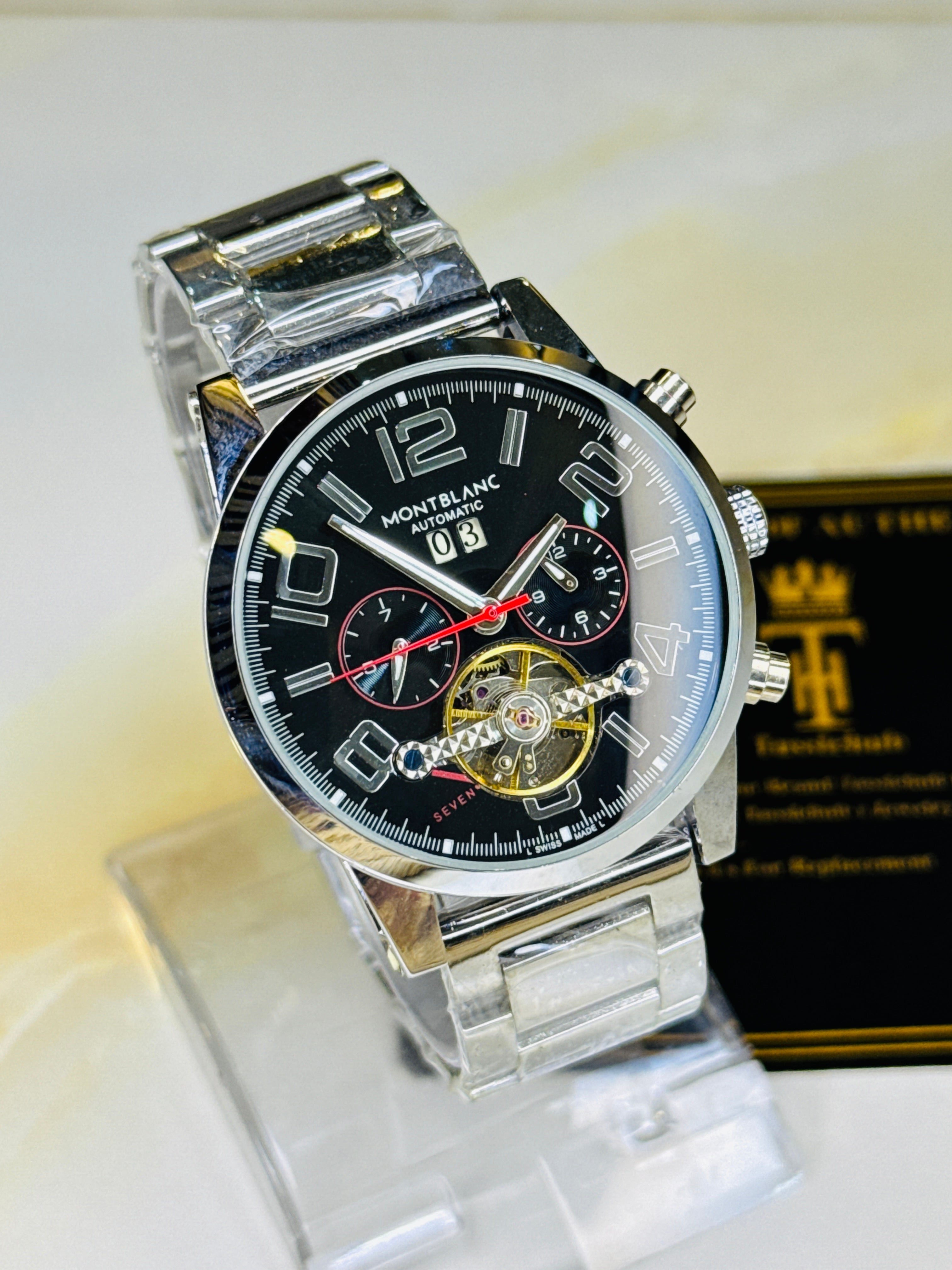 Silver Black Montblanc Automatic Pendulum Skeleton Watch