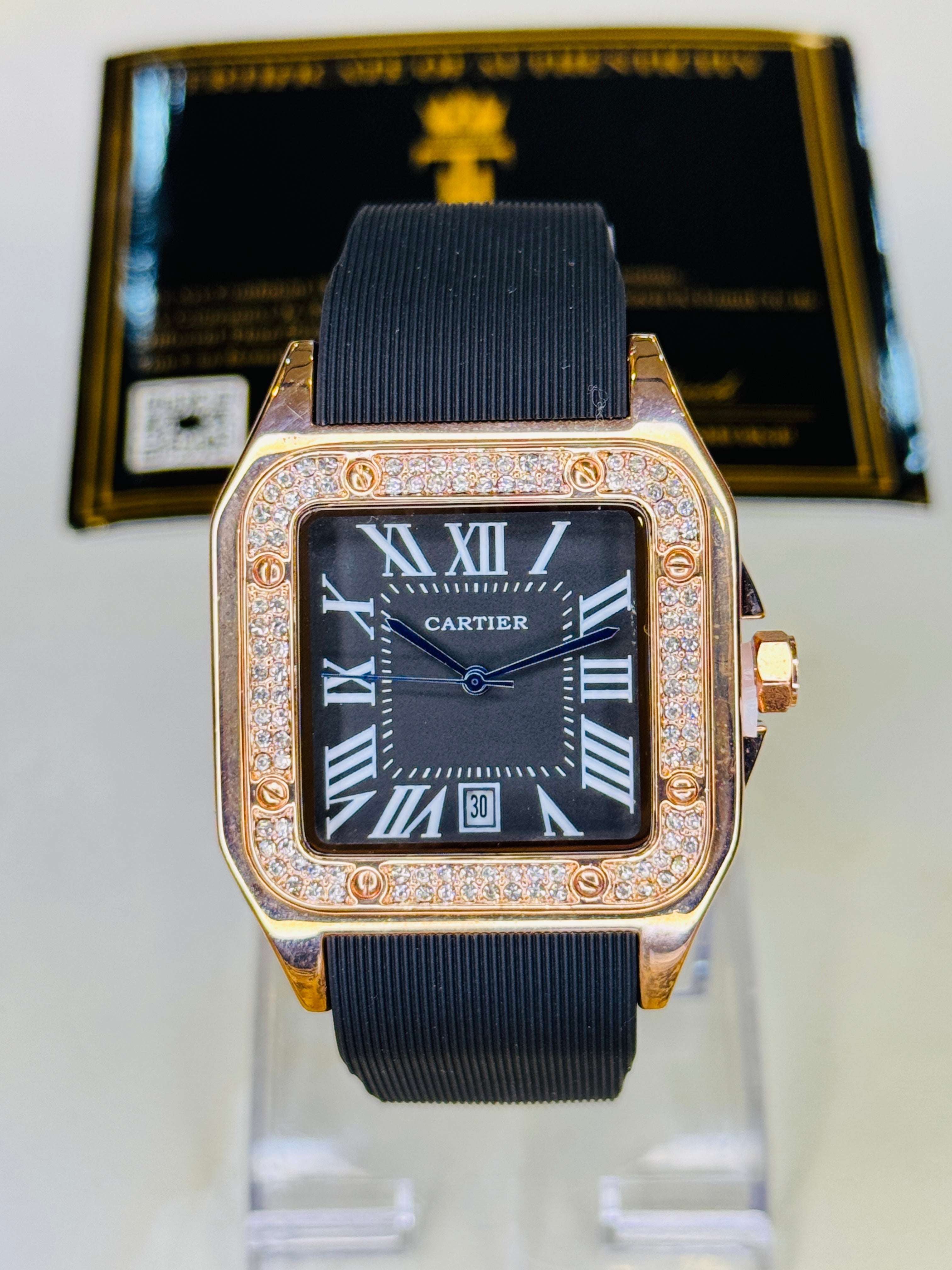 Rosegold Black Iced Tank Silicon Cartier Watch