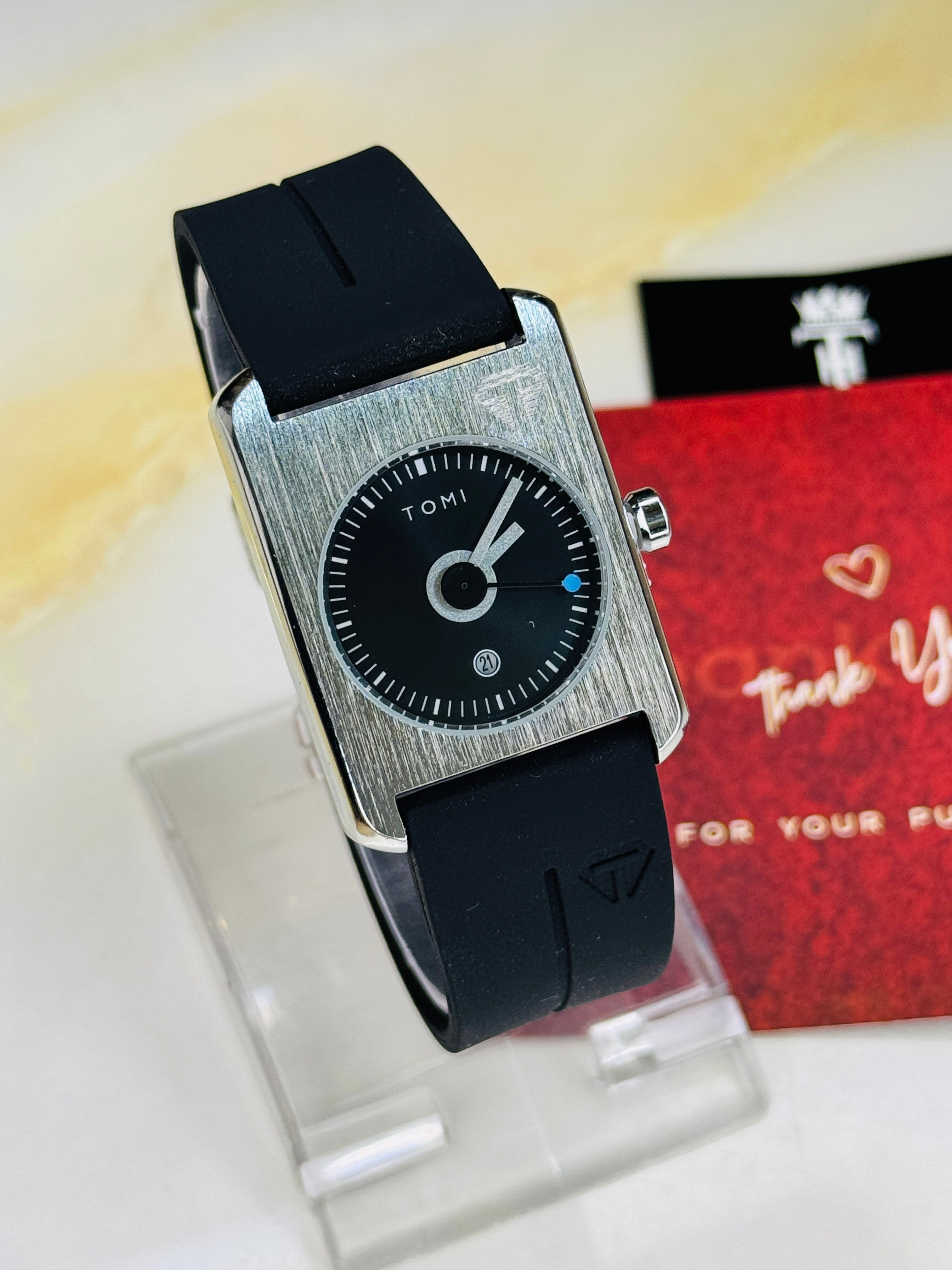 Tomi Black Silver Tank Magnetic Strap Watch