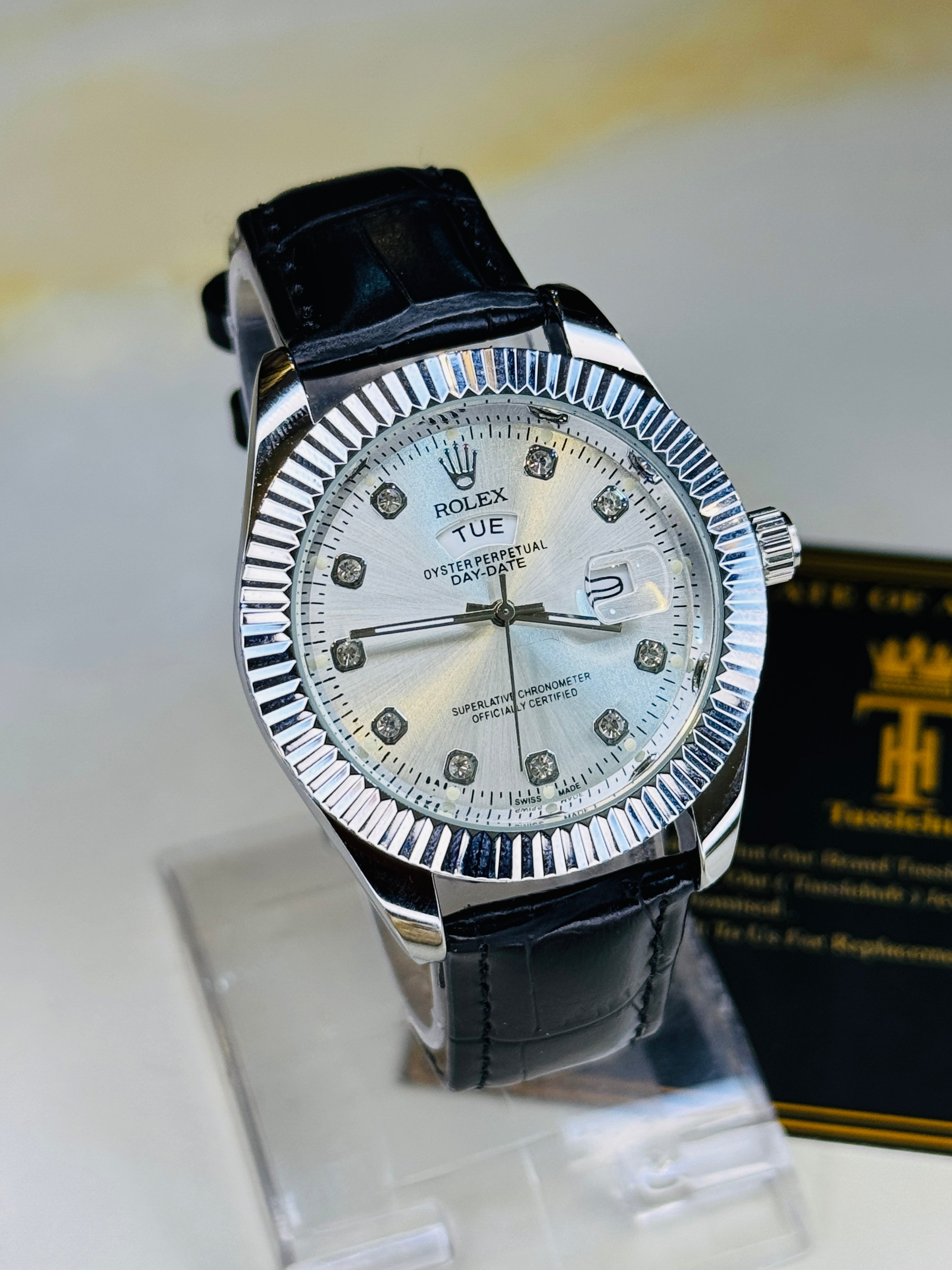 Black Silver White Day Date Leather Rolex Watch