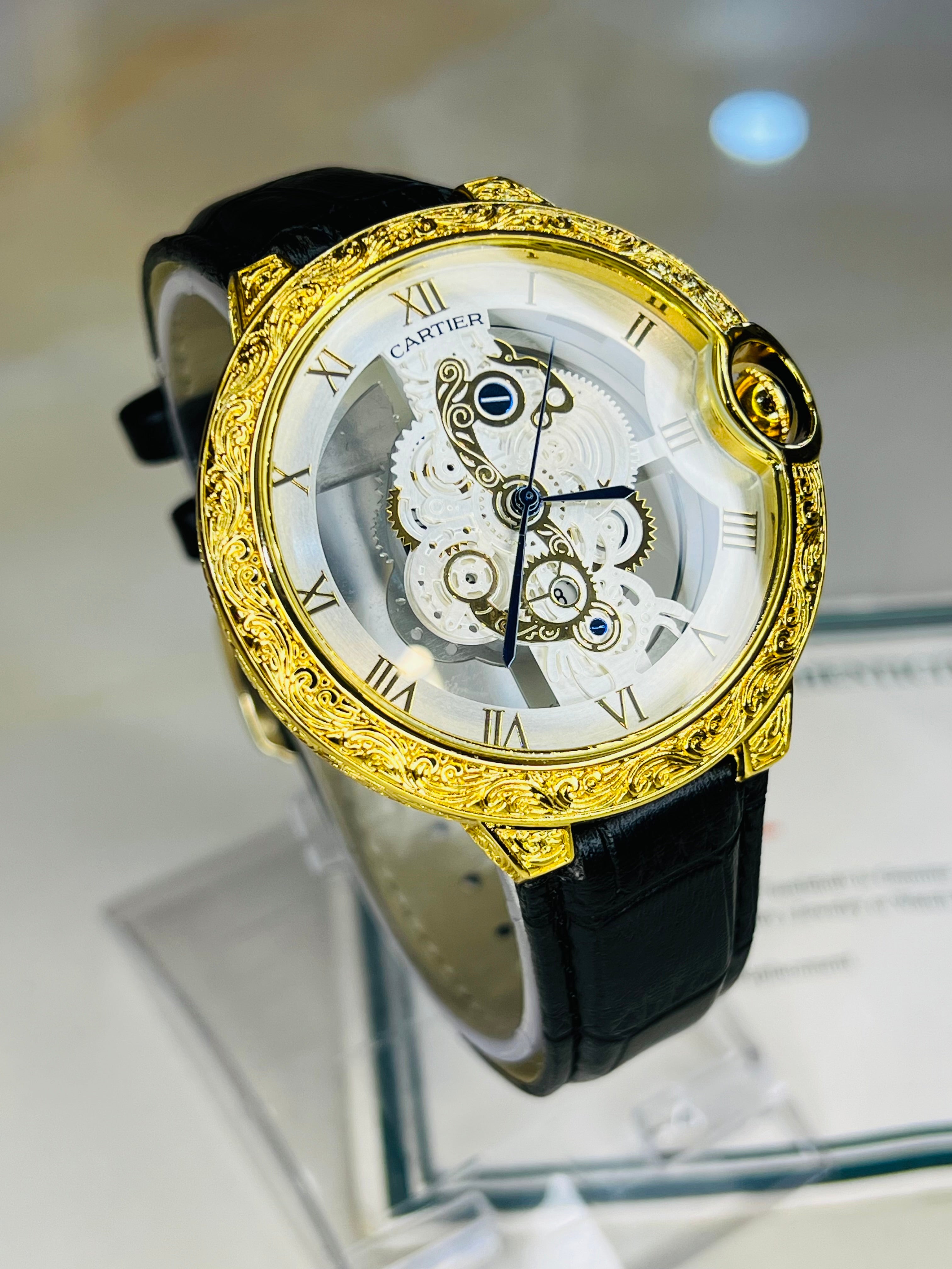 White Gold Engraved Skeleton Dial Watch