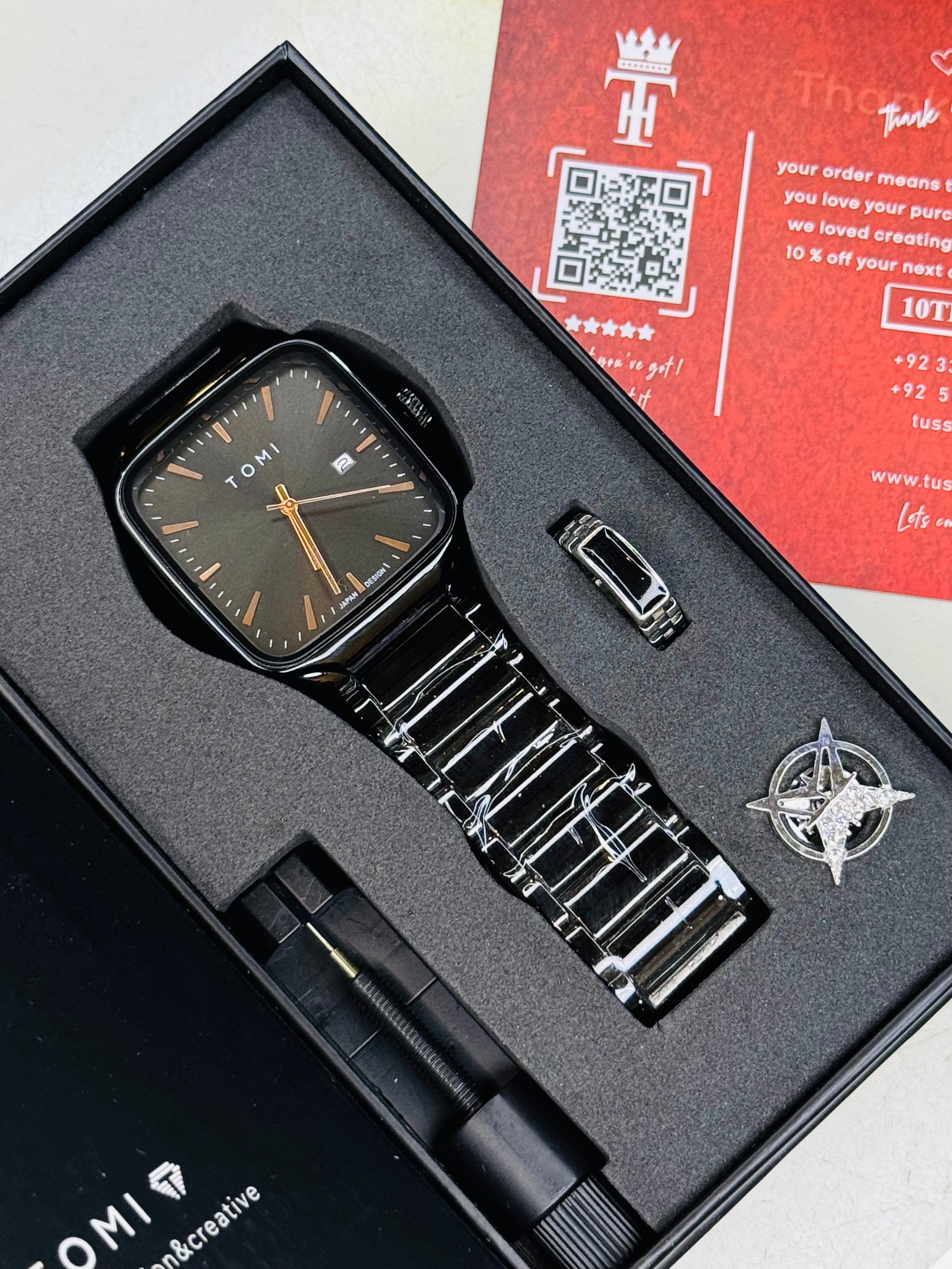 Tomi S3 Square All Black Gift Set Watch