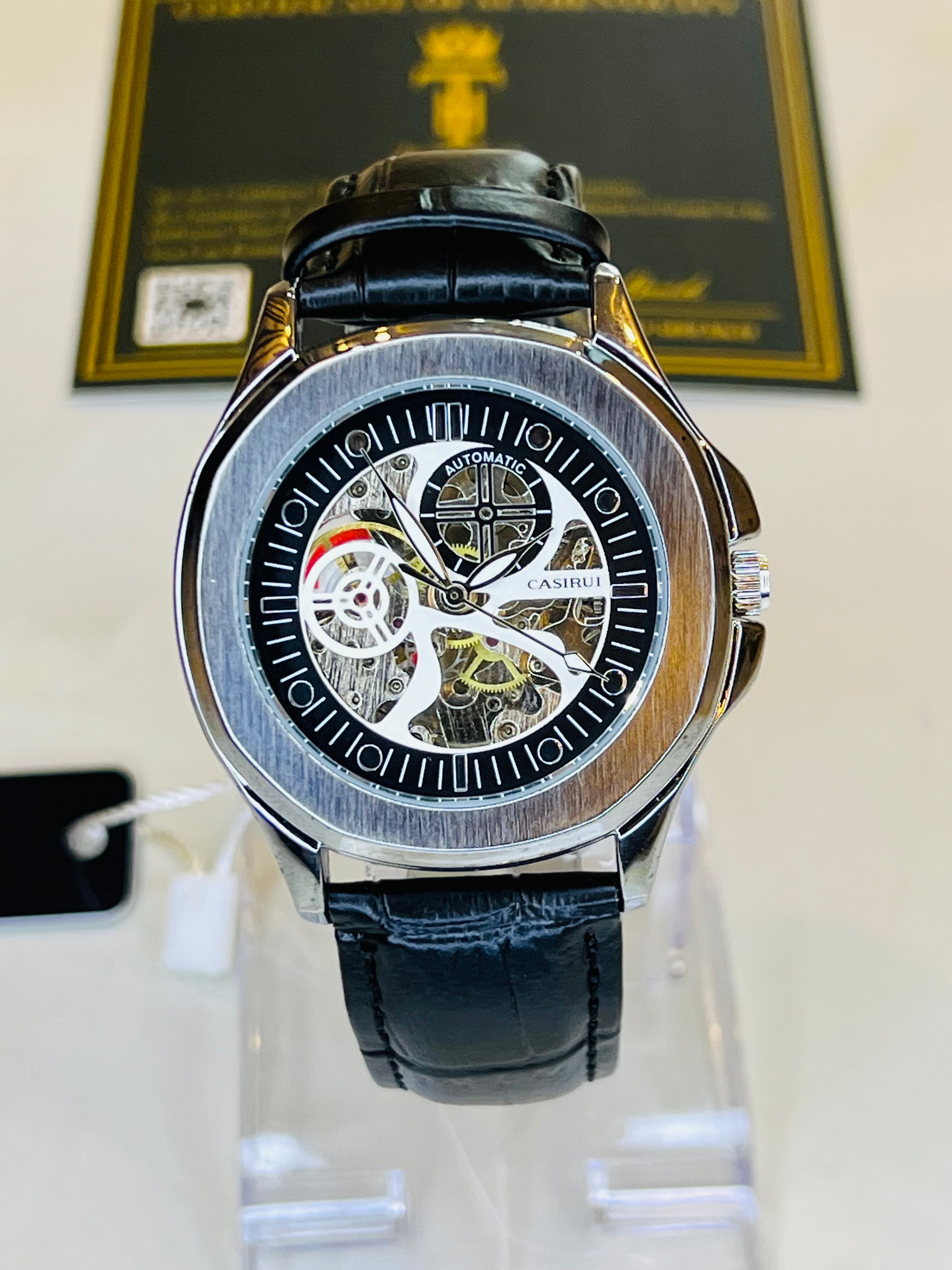 Casirui Black Silver Automatic Skeleton Leather watch