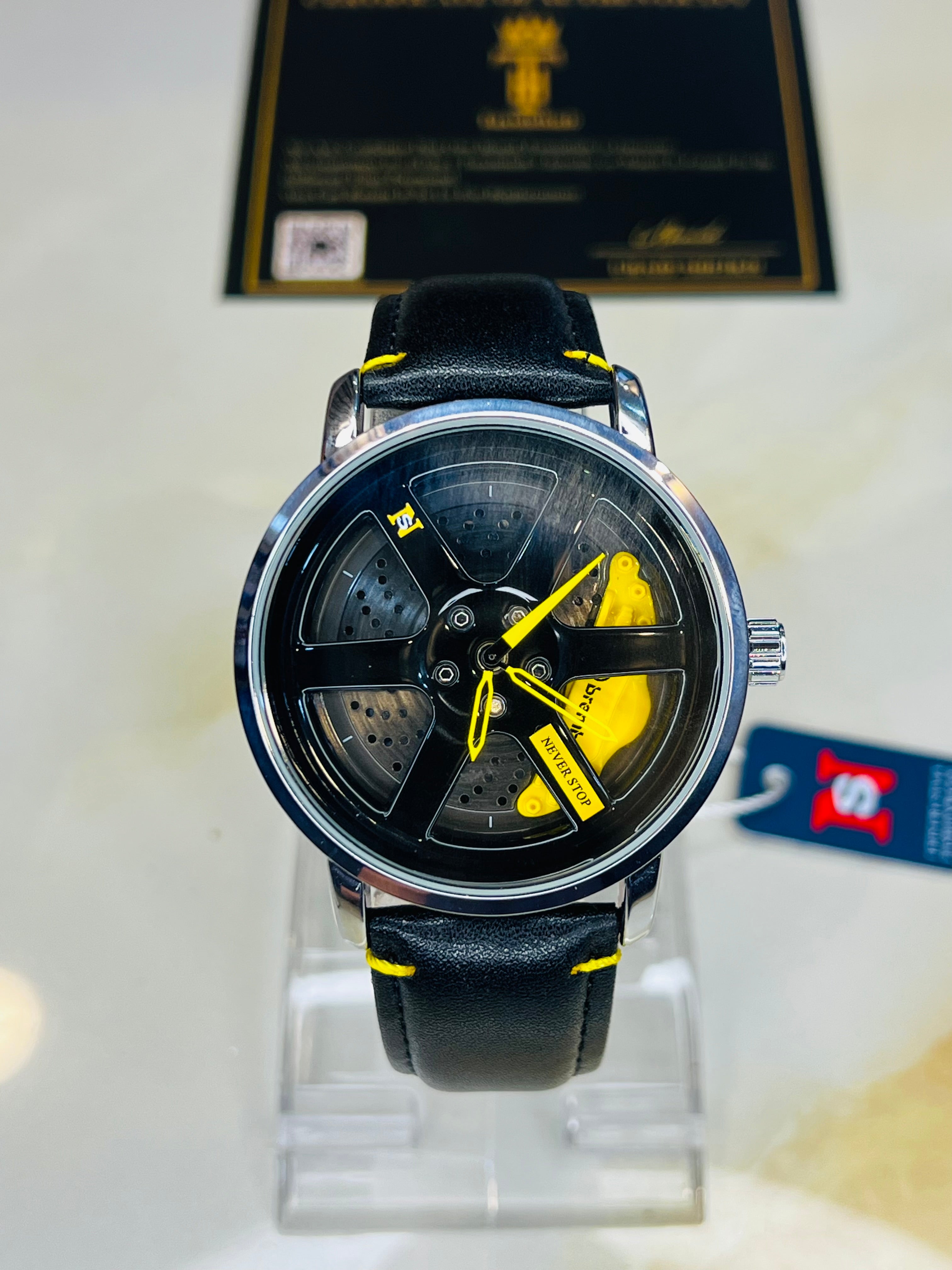 Black Yellow Leather Strapped Spinner NS Watch