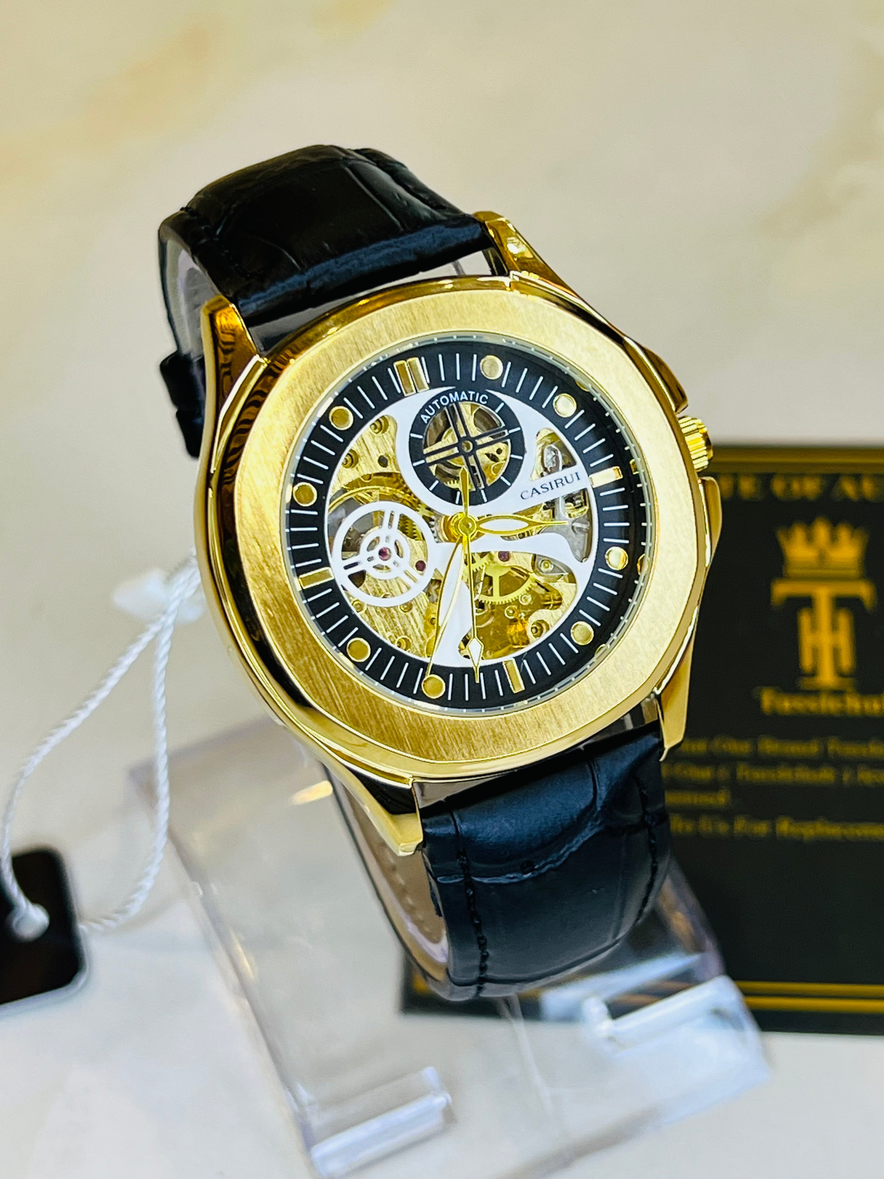 Casirui Black Gold Automatic Skeleton Leather watch