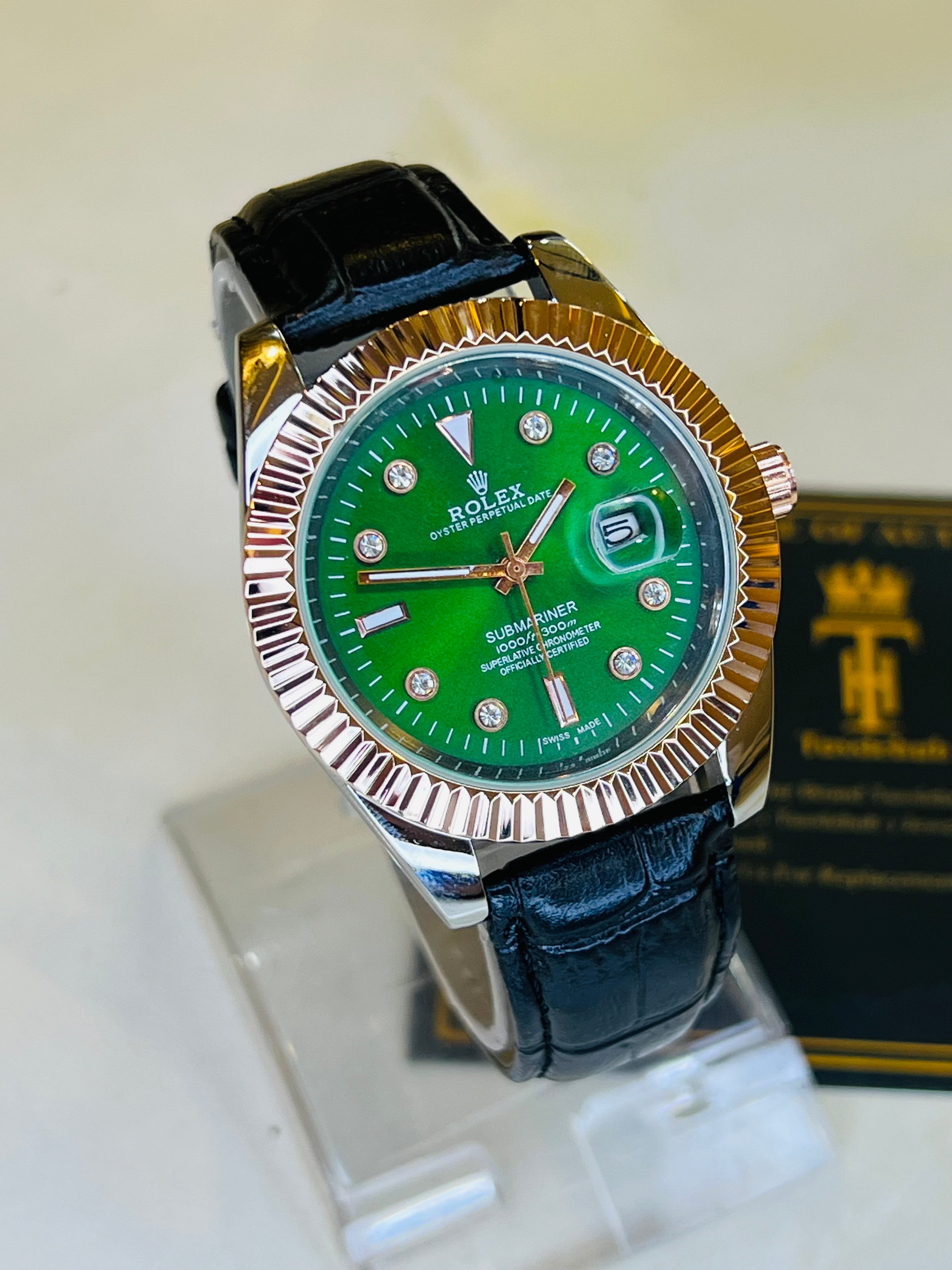 Black Rose Gold Emerald Leather Rolex Watch