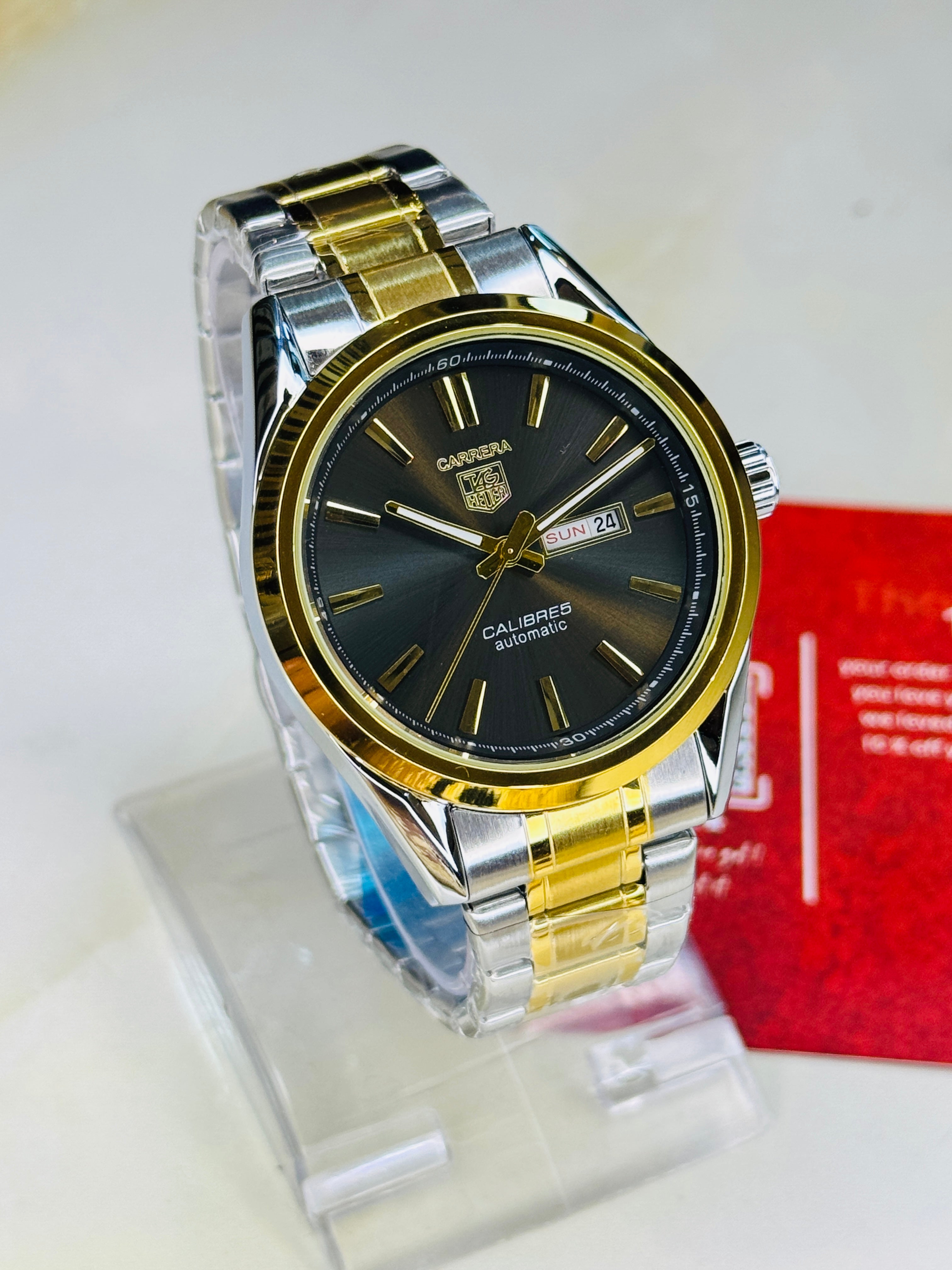 Tag Heur Two Tone Black Carrera Day Date Chain Strapped Watch