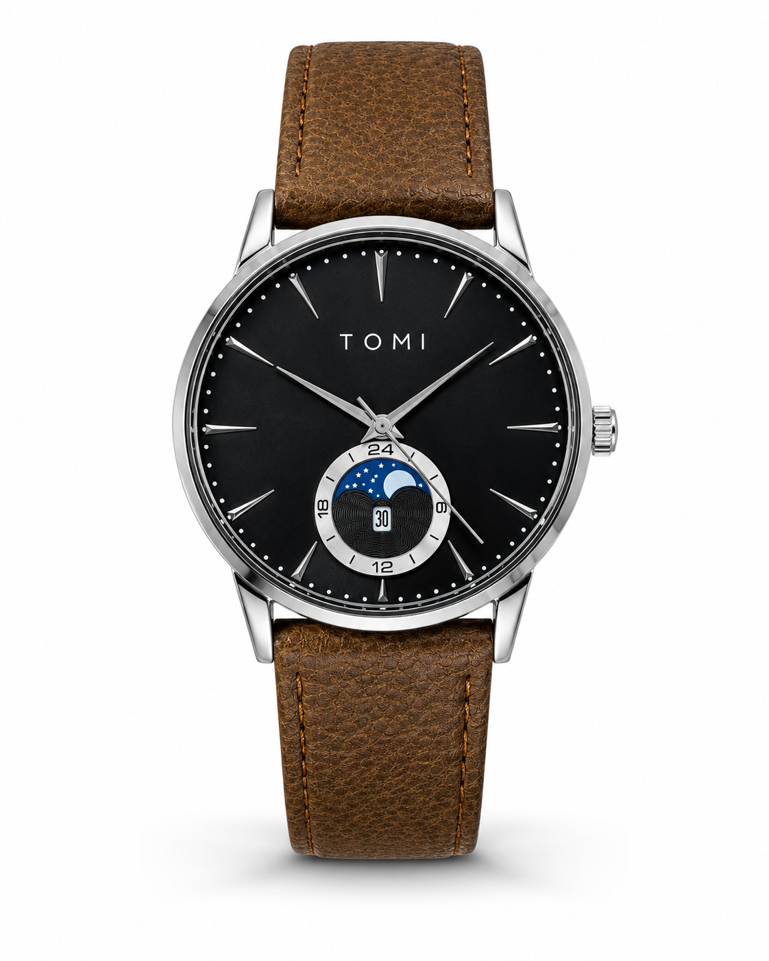 Tomi Brown Silver Leather Magnetic Strap Watch