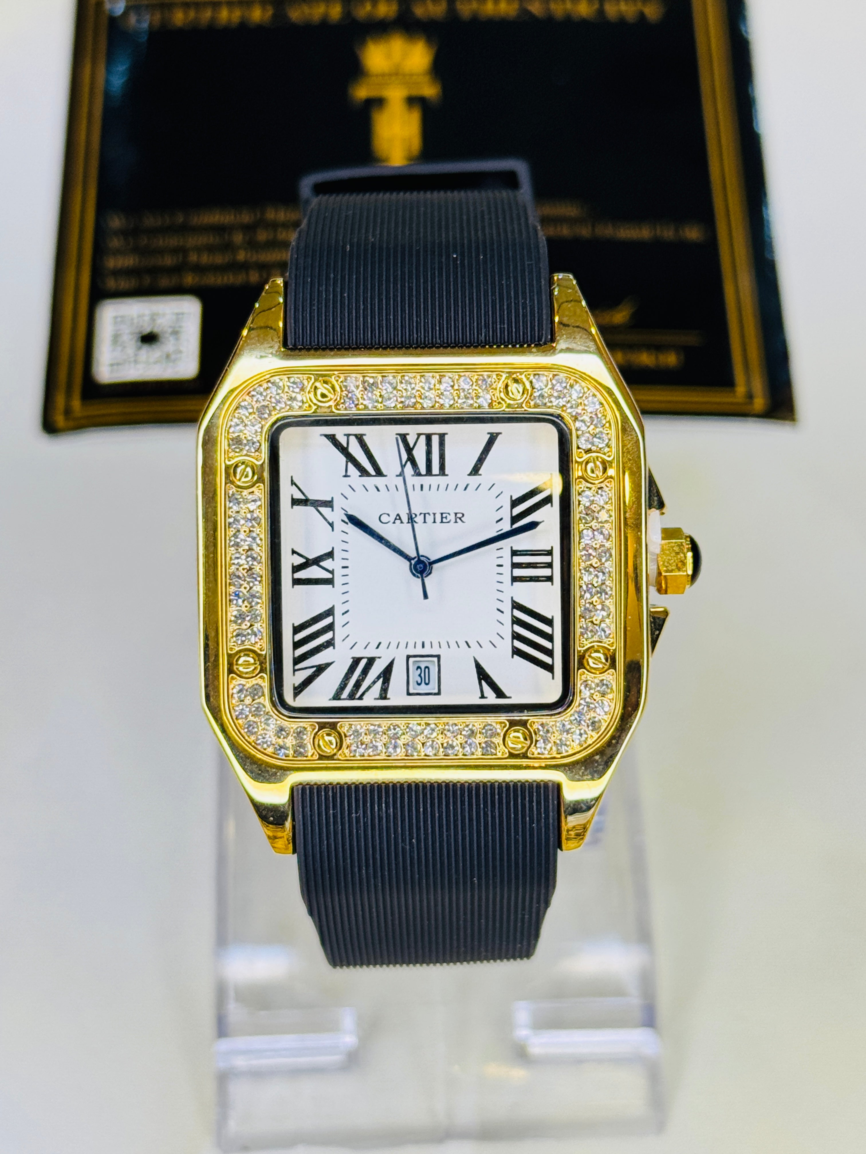 Gold White Iced Tank Silicon Cartier Watch
