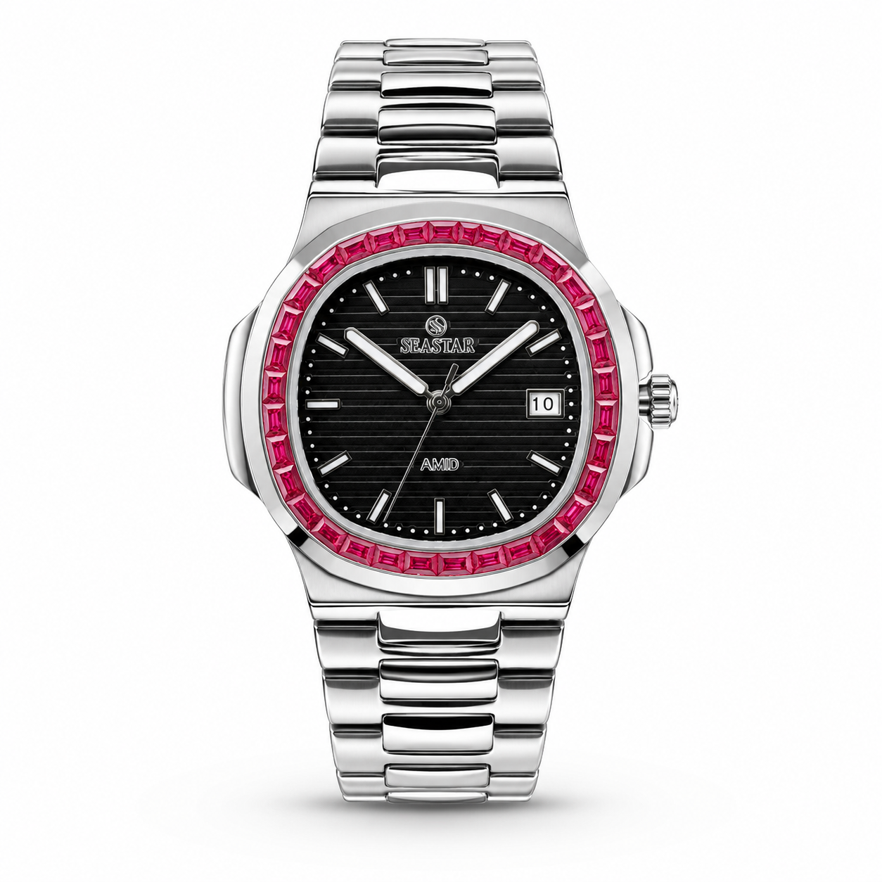 Slim Silver Black Ruby Zircon Seastar Watch