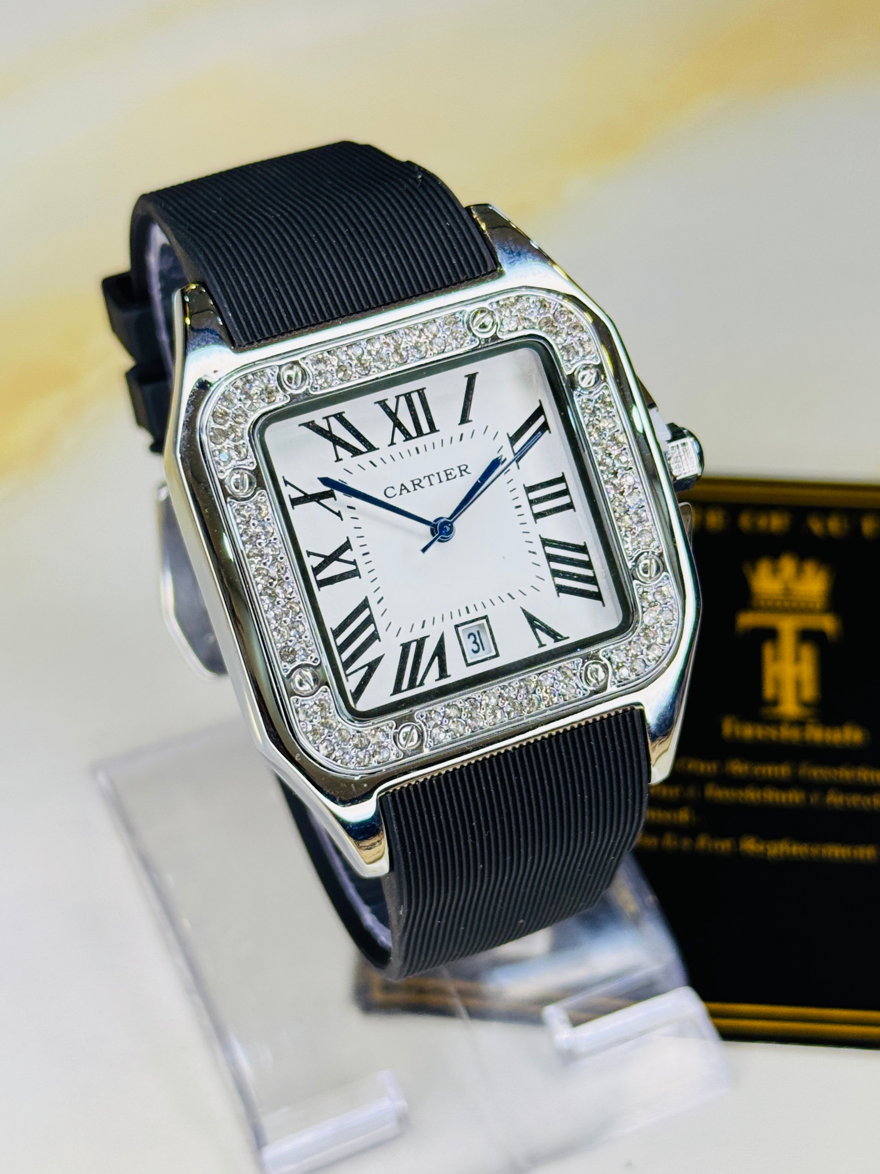 Silver White Iced Tank Silicon Cartier Watch