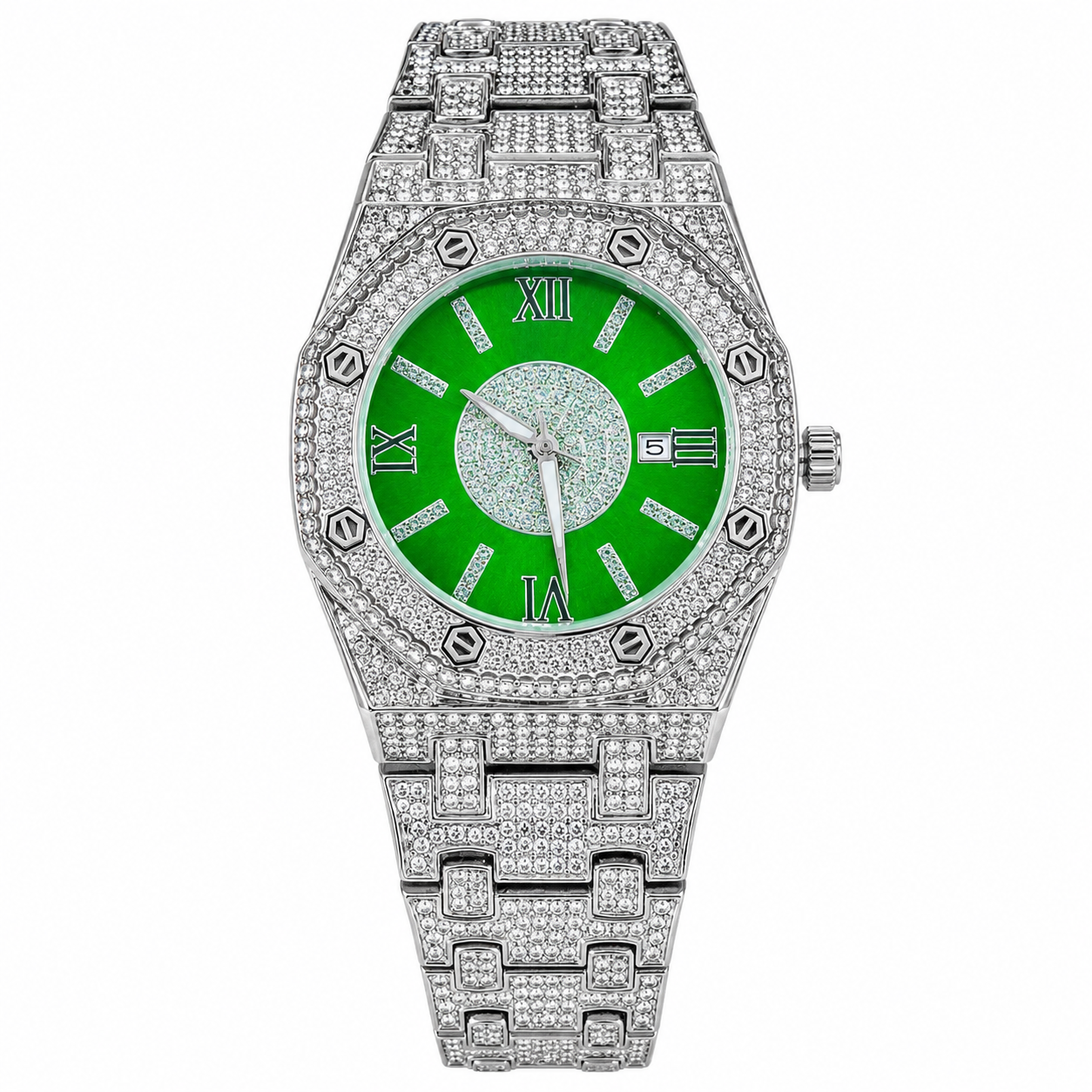Silver Emerald AP Iced Out Watch