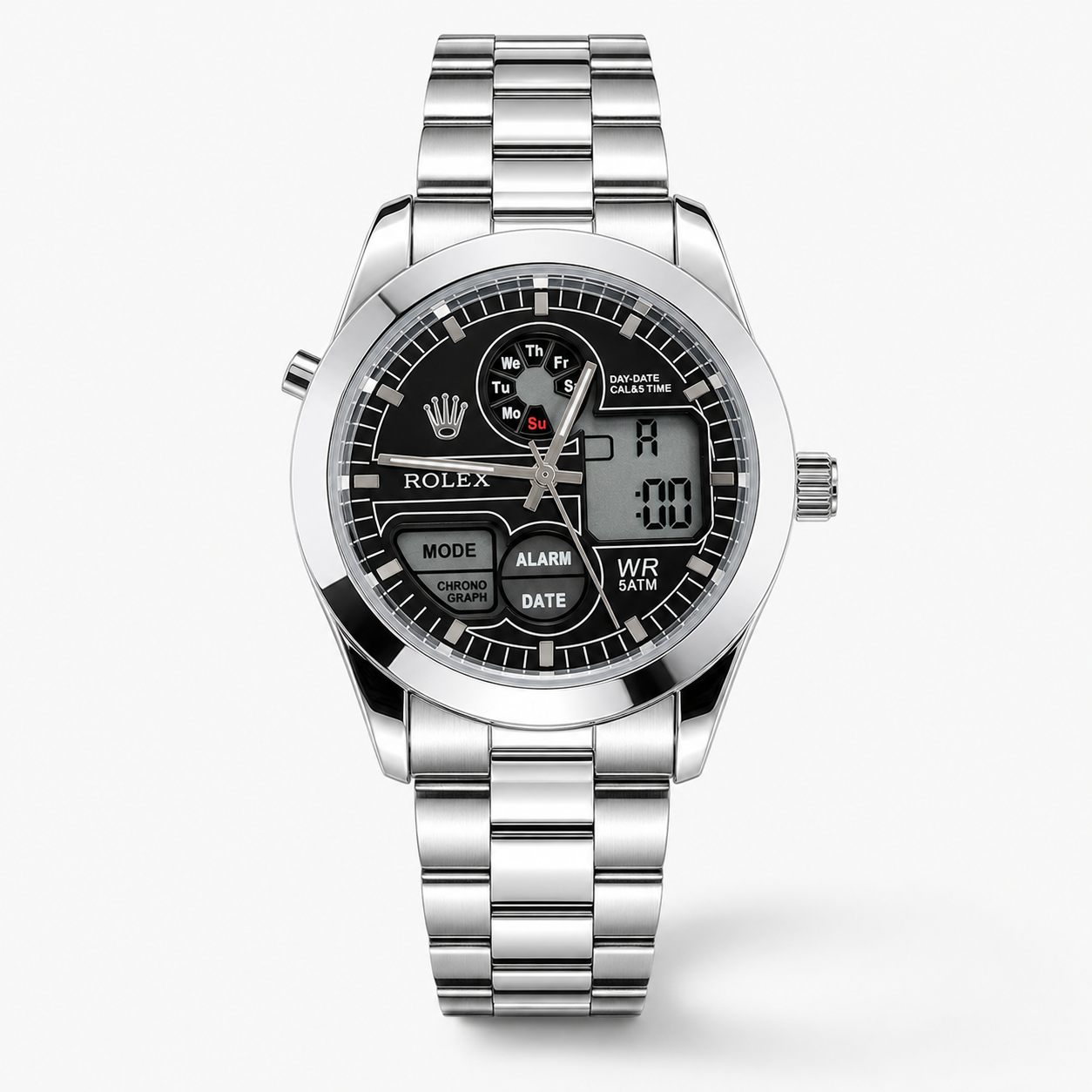 Premium Dual Time Silver Black Dial Watch