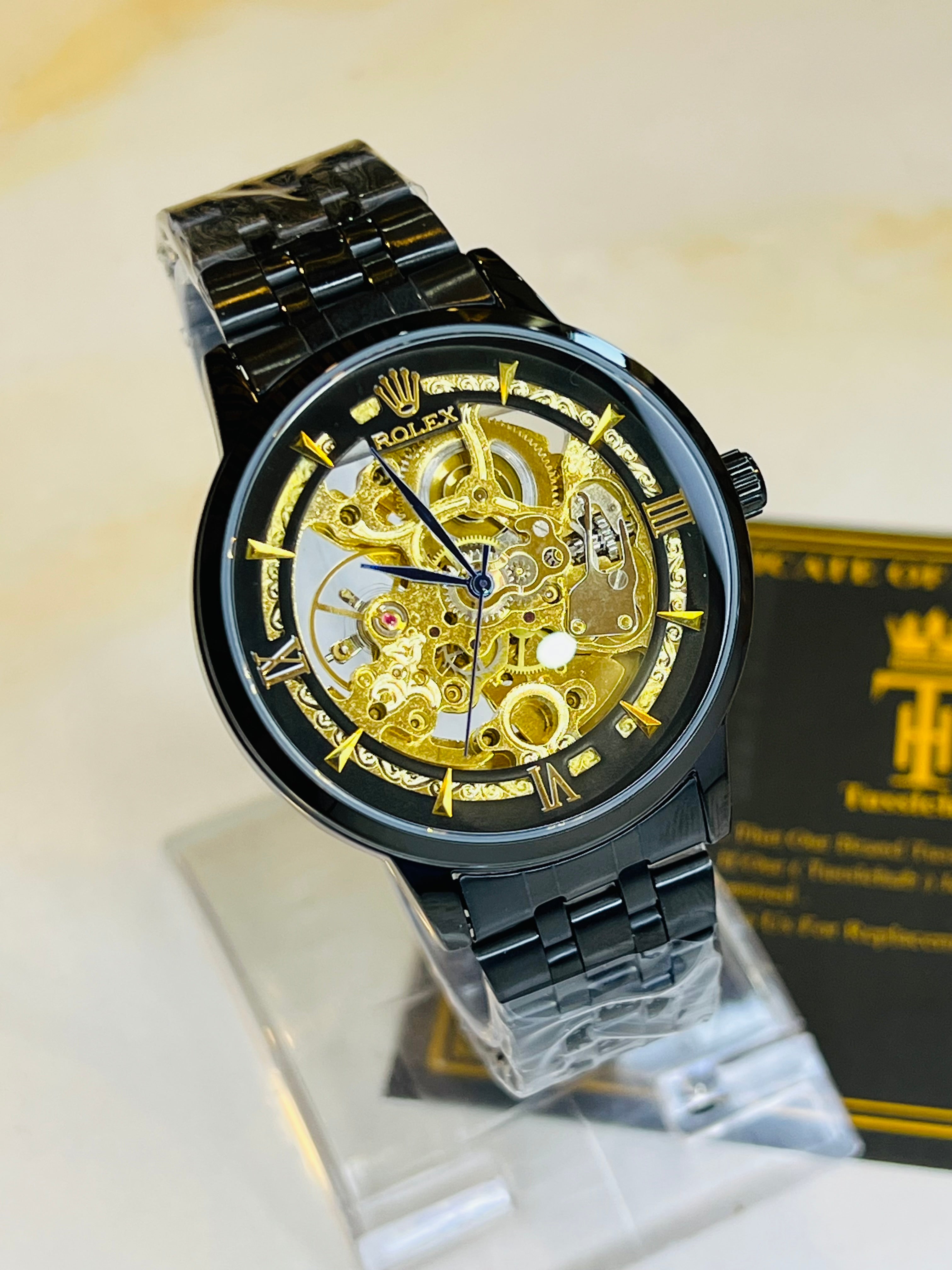R-1 Black Gold Chain Strap Skeleton Automatic Watch