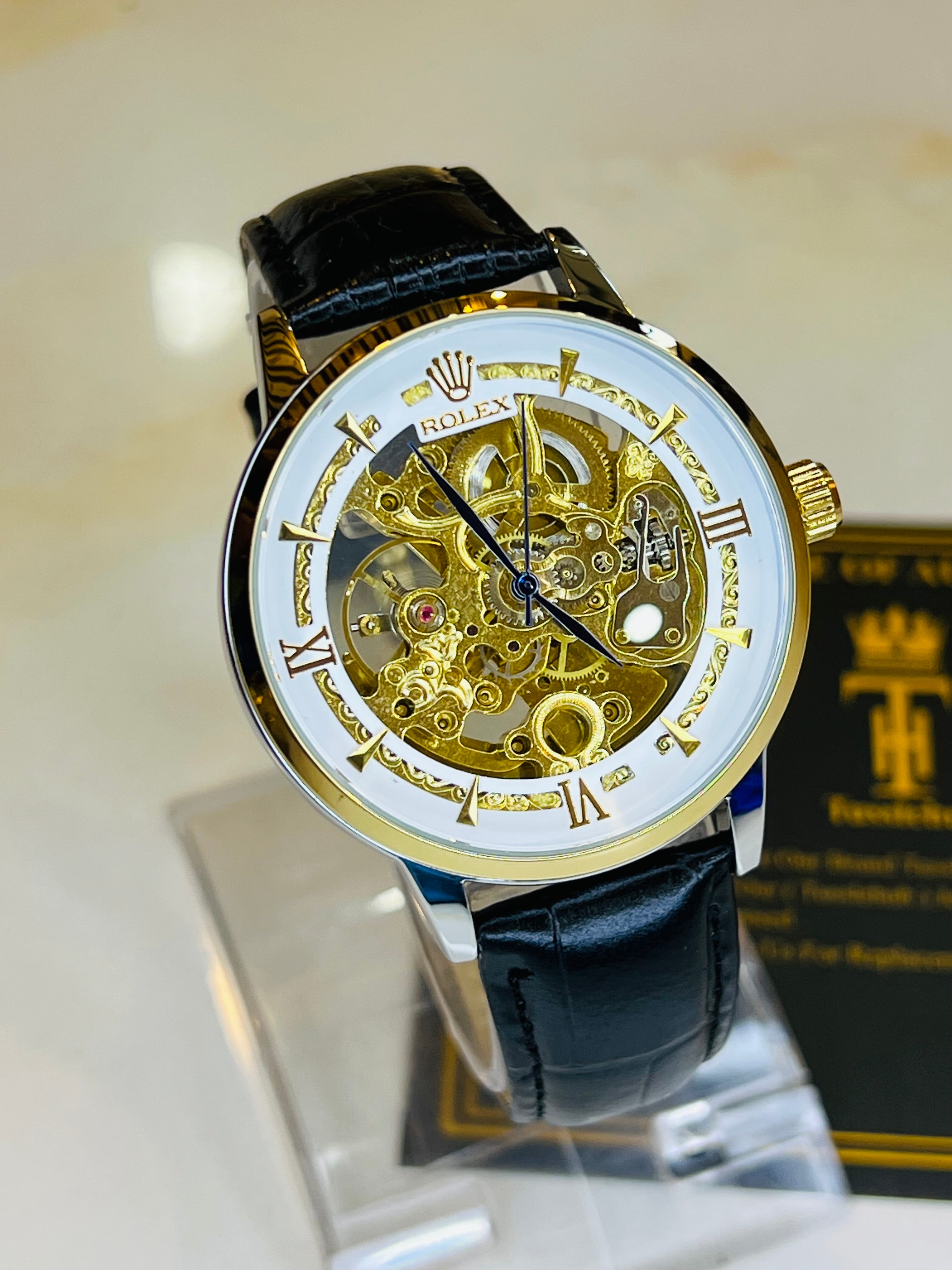 Leather Rol*x Black White Automatic Skeleton Watch