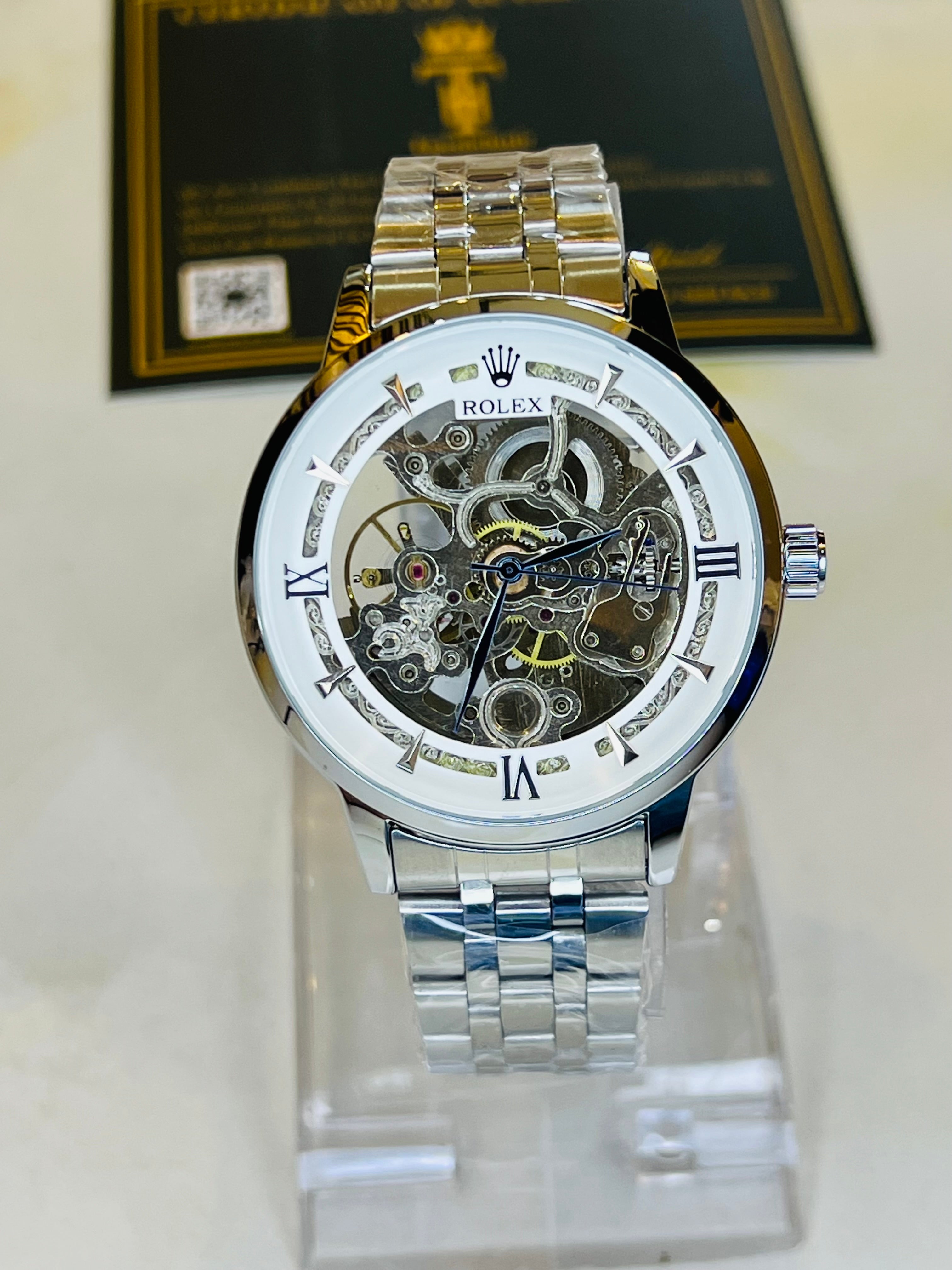 R-1 Silver White Chain Strap Skeleton Automatic Watch