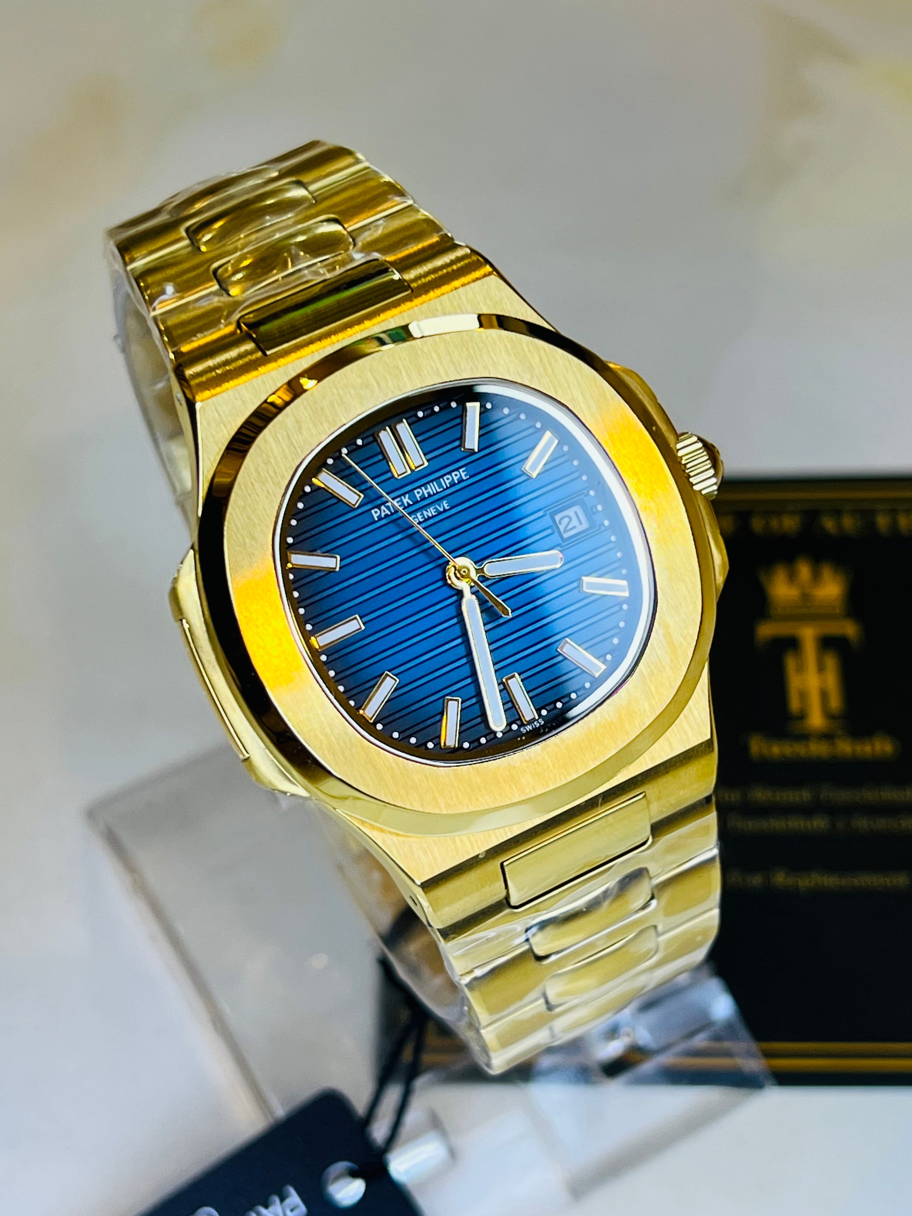 Gold Sapphire Blue Automatic Nautilus Super Clone Watch