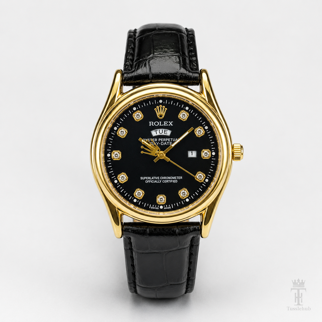 Black Gold Black Round Leather Rolex Watch