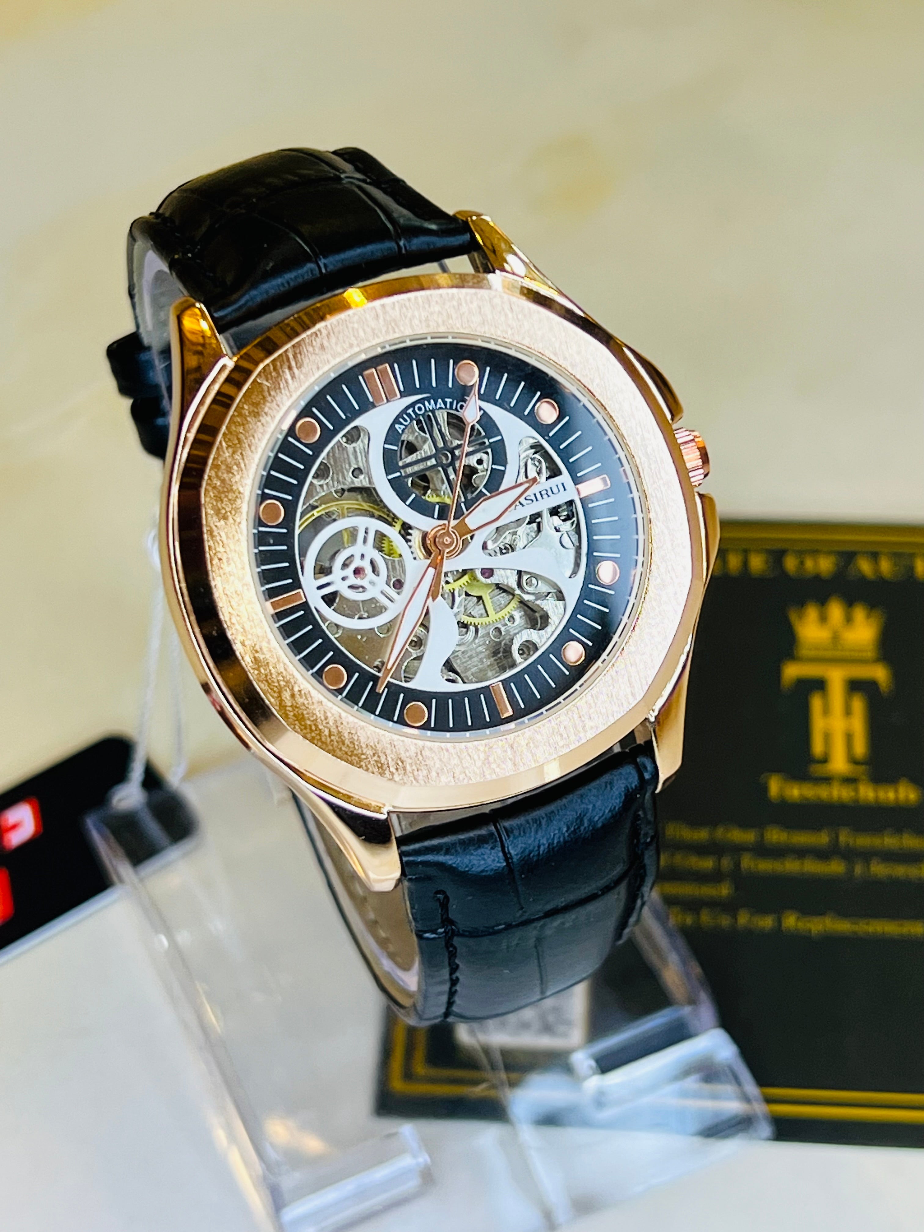 Casirui Black Rose Automatic Skeleton Leather watch