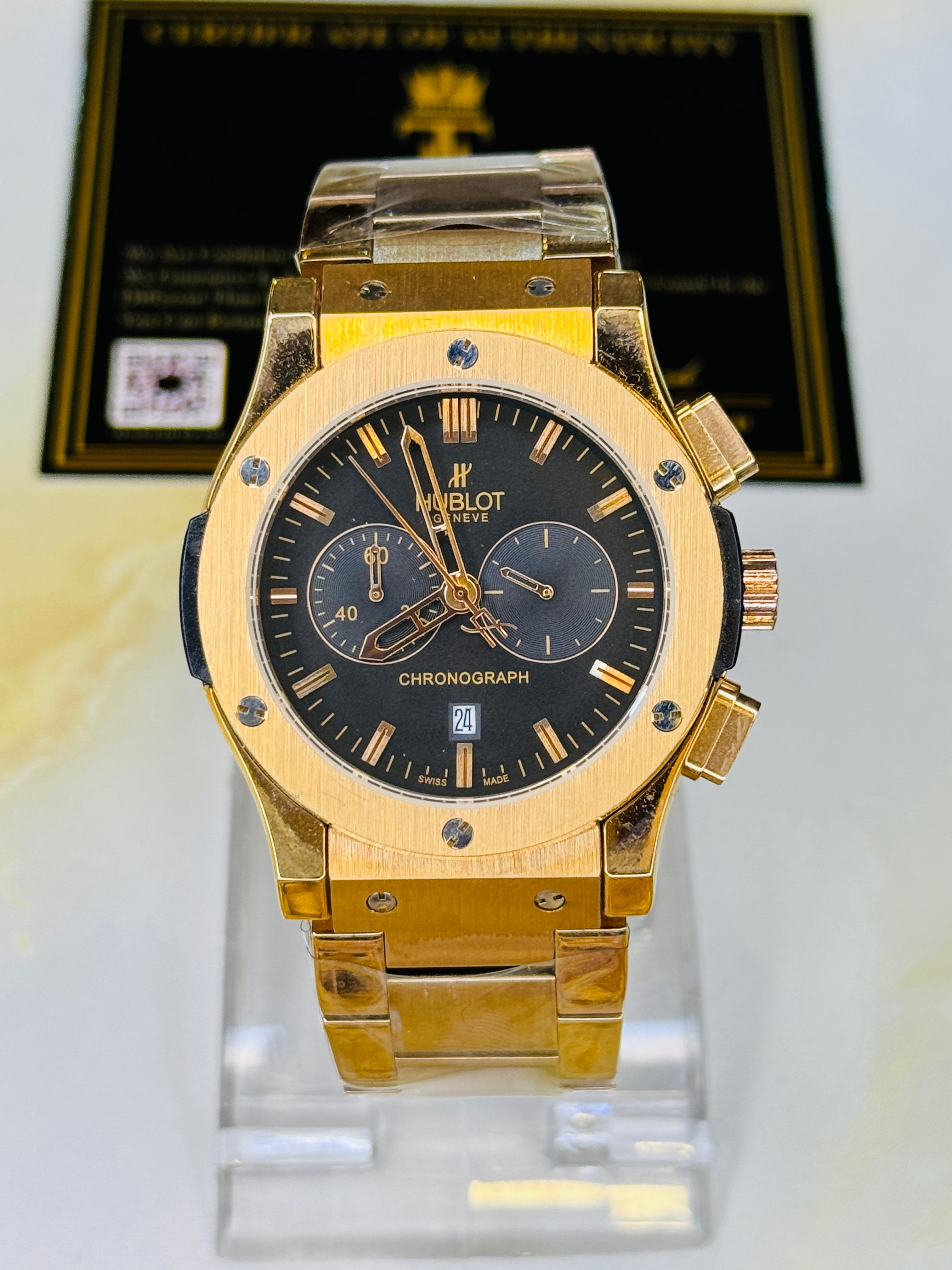 Minimal Rose Gold Black Dial Super Clone Chronograph Hublot Watch