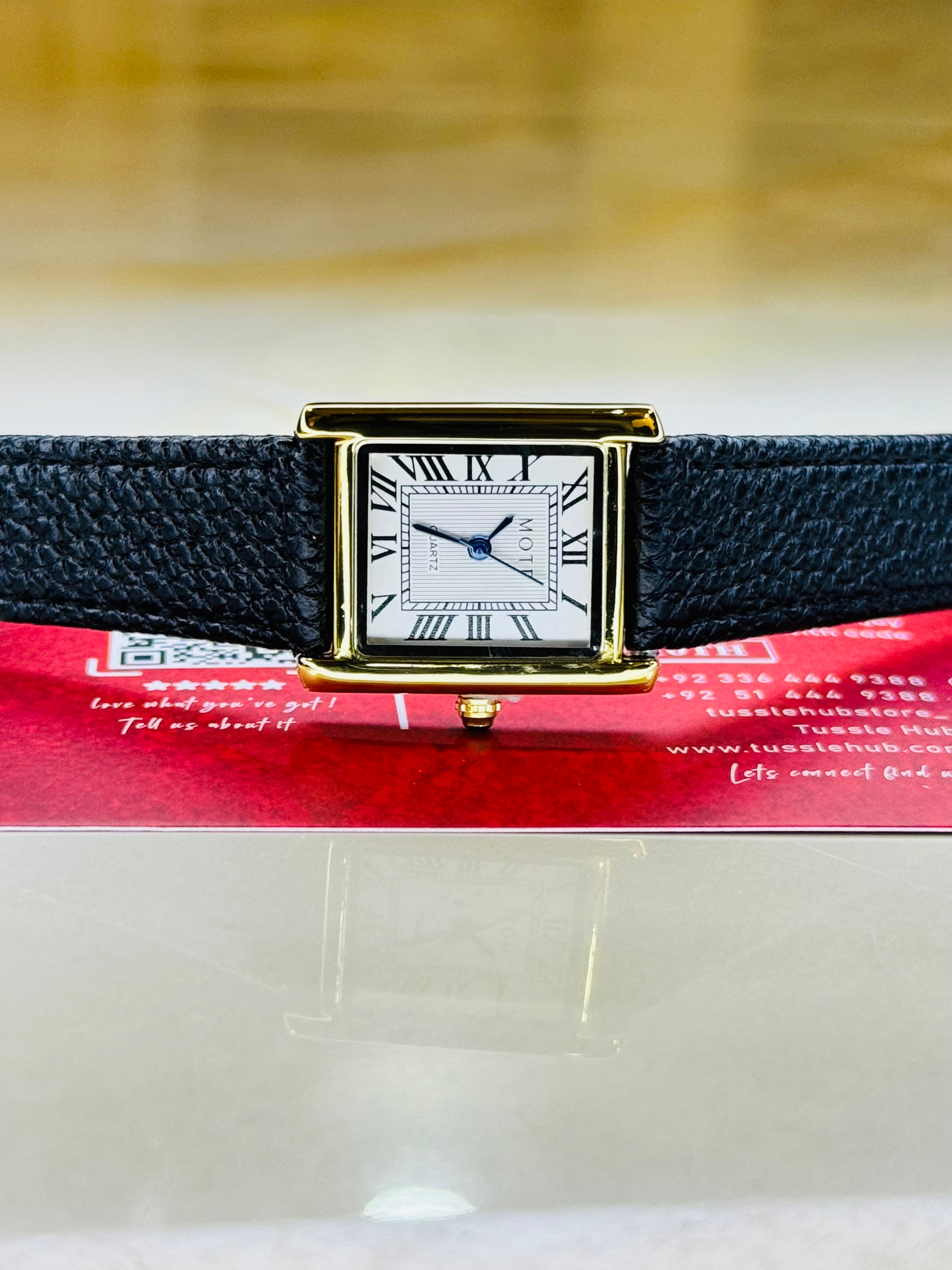 Black Gold Leather Tank Watch For Her