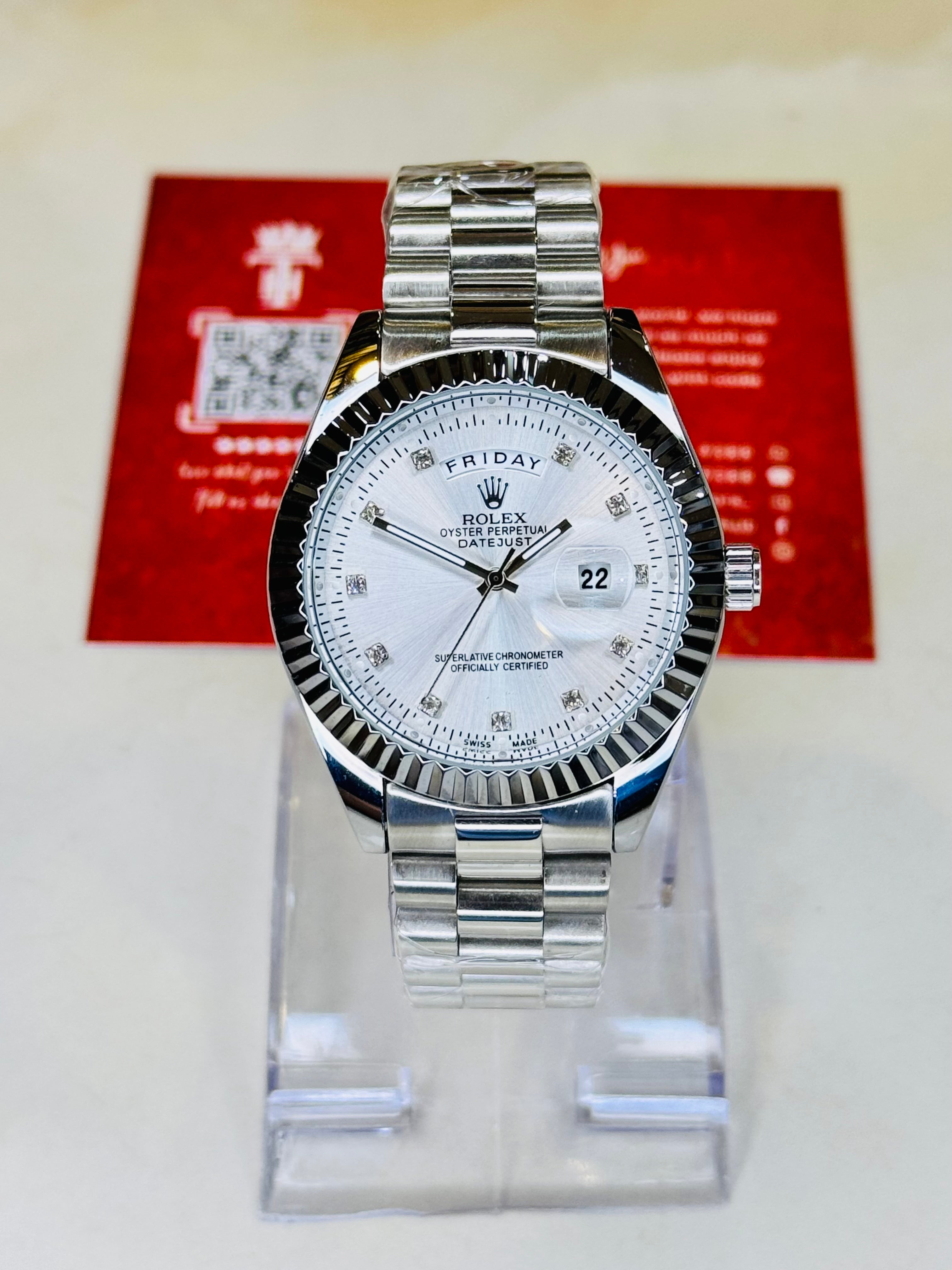 Premium Day Date Rolex Silver White Dial Watch