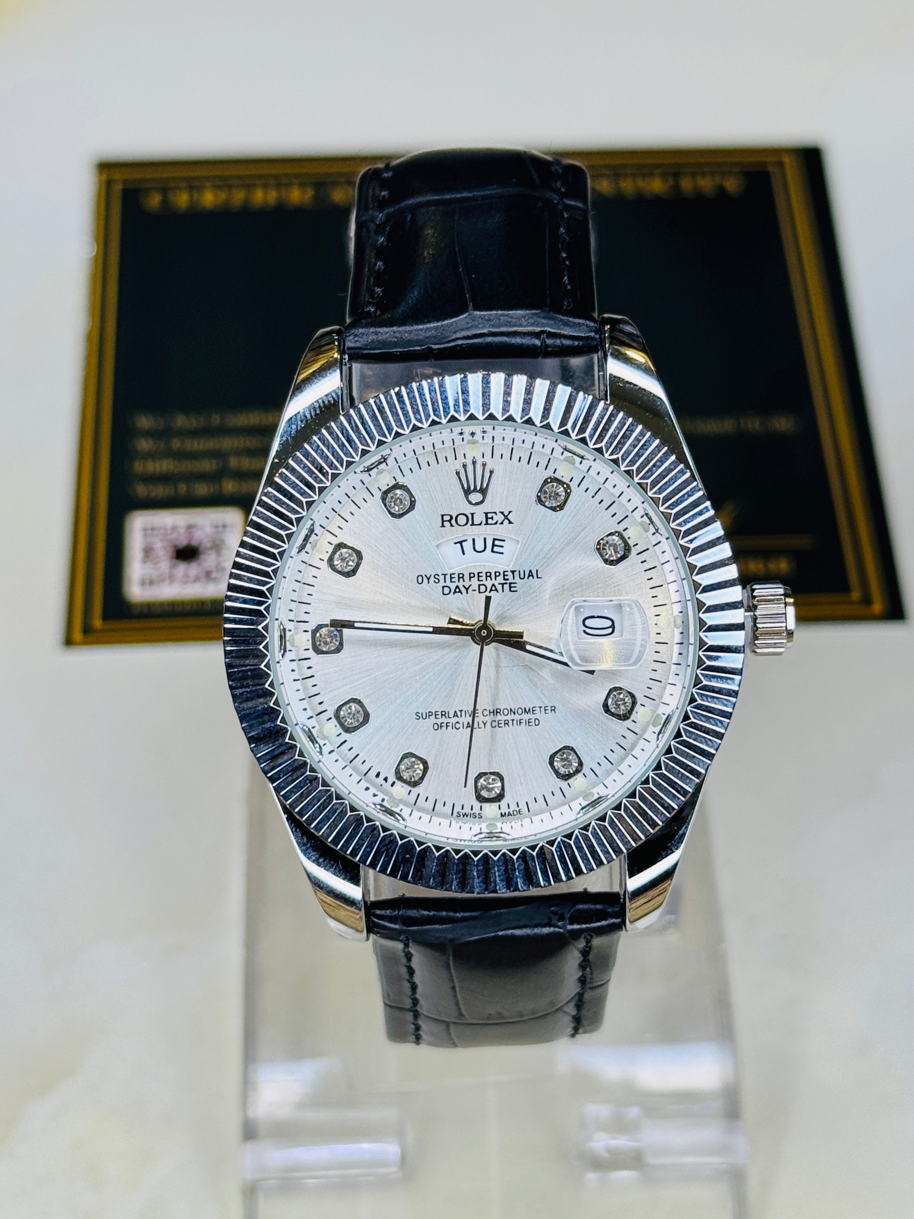 Black Silver White Day Date Leather Rolex Watch