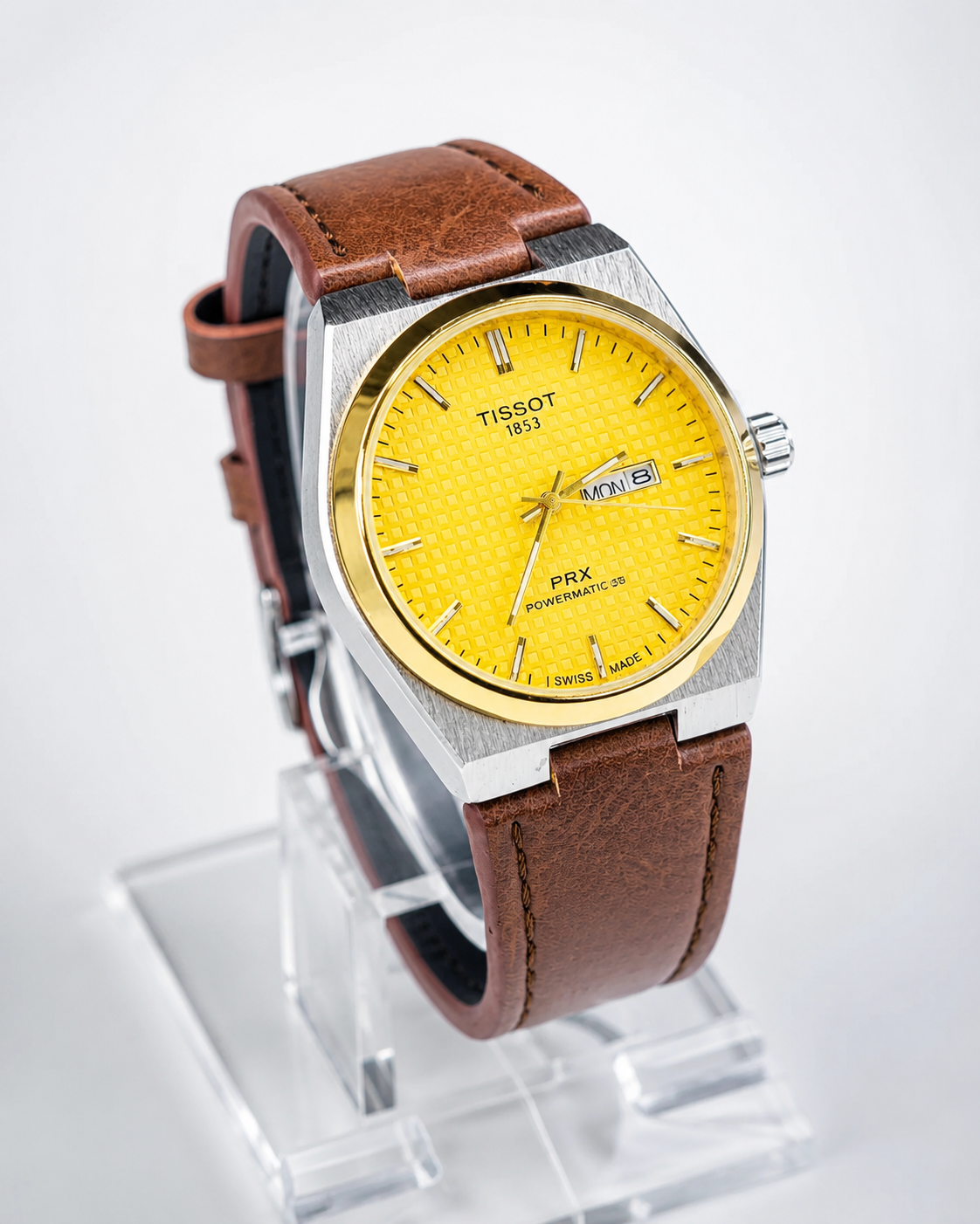 Brown Leather Strapped Tissot PRX Silver Gold Dial Watch