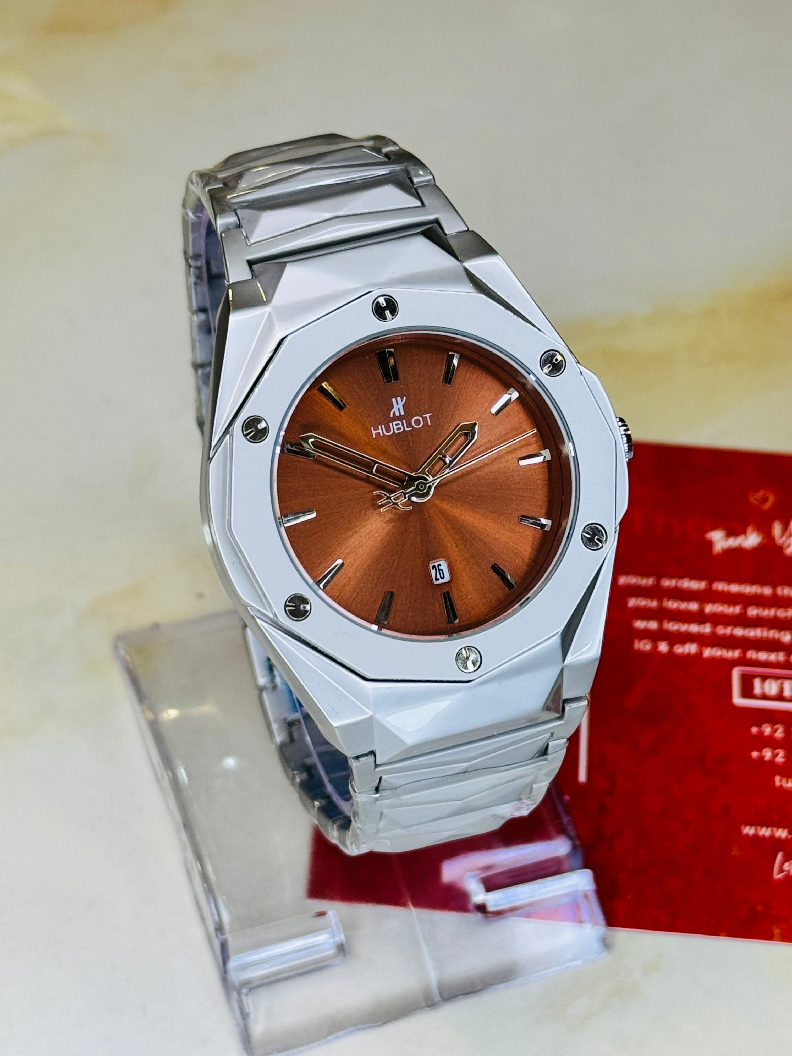 Silver Prism Chain Strapped Brown Hublot Watch