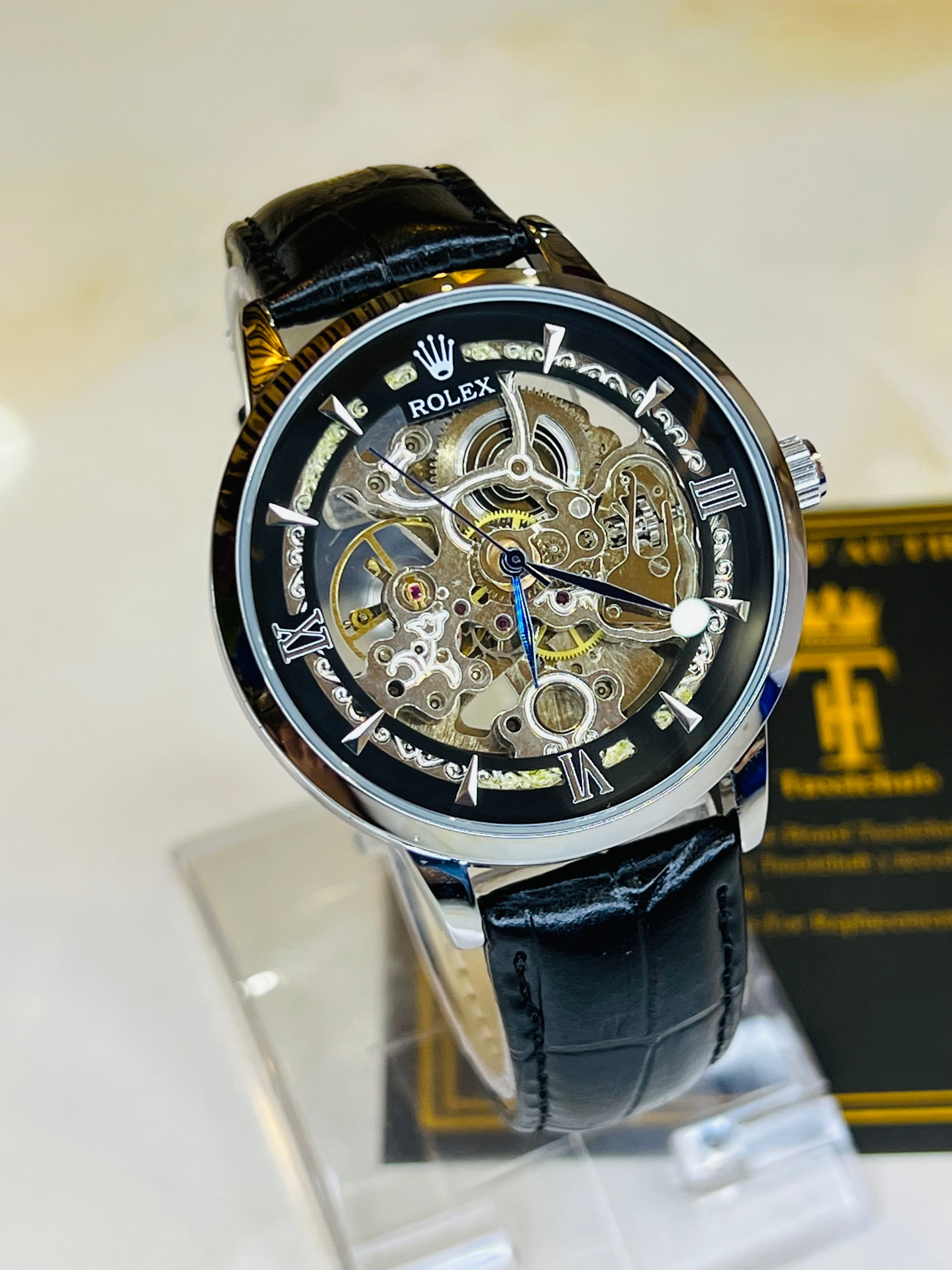 Leather Rol*x Black Silver Automatic Skeleton Watch