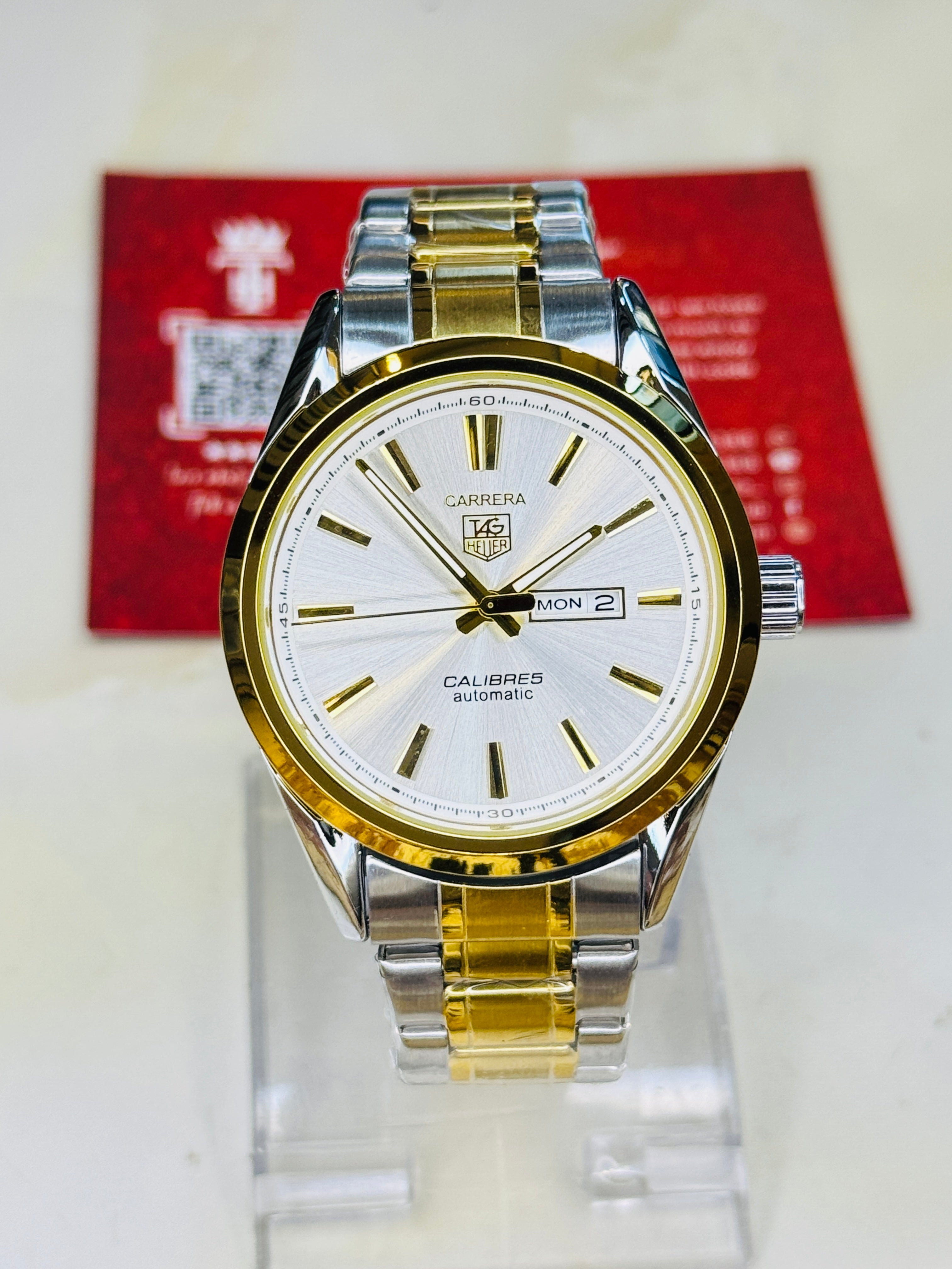 Tag Heur Two Tone White Carrera Day Date Chain Strapped Watchh