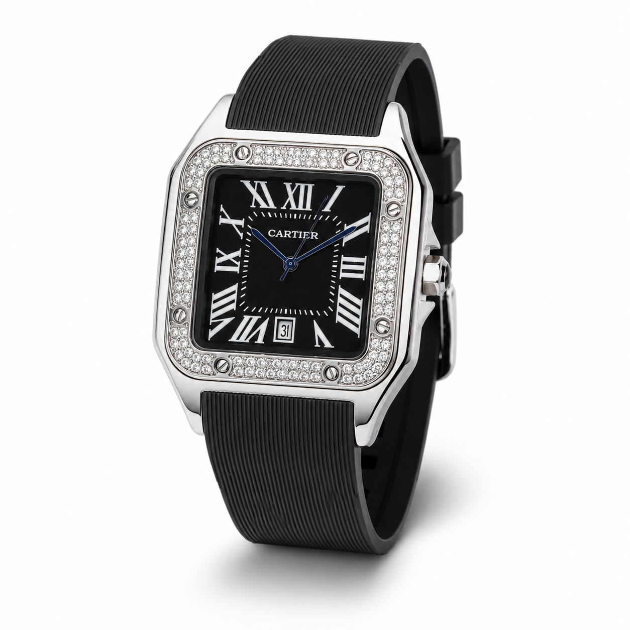 Silver Black Iced Tank Silicon Cartier Watch