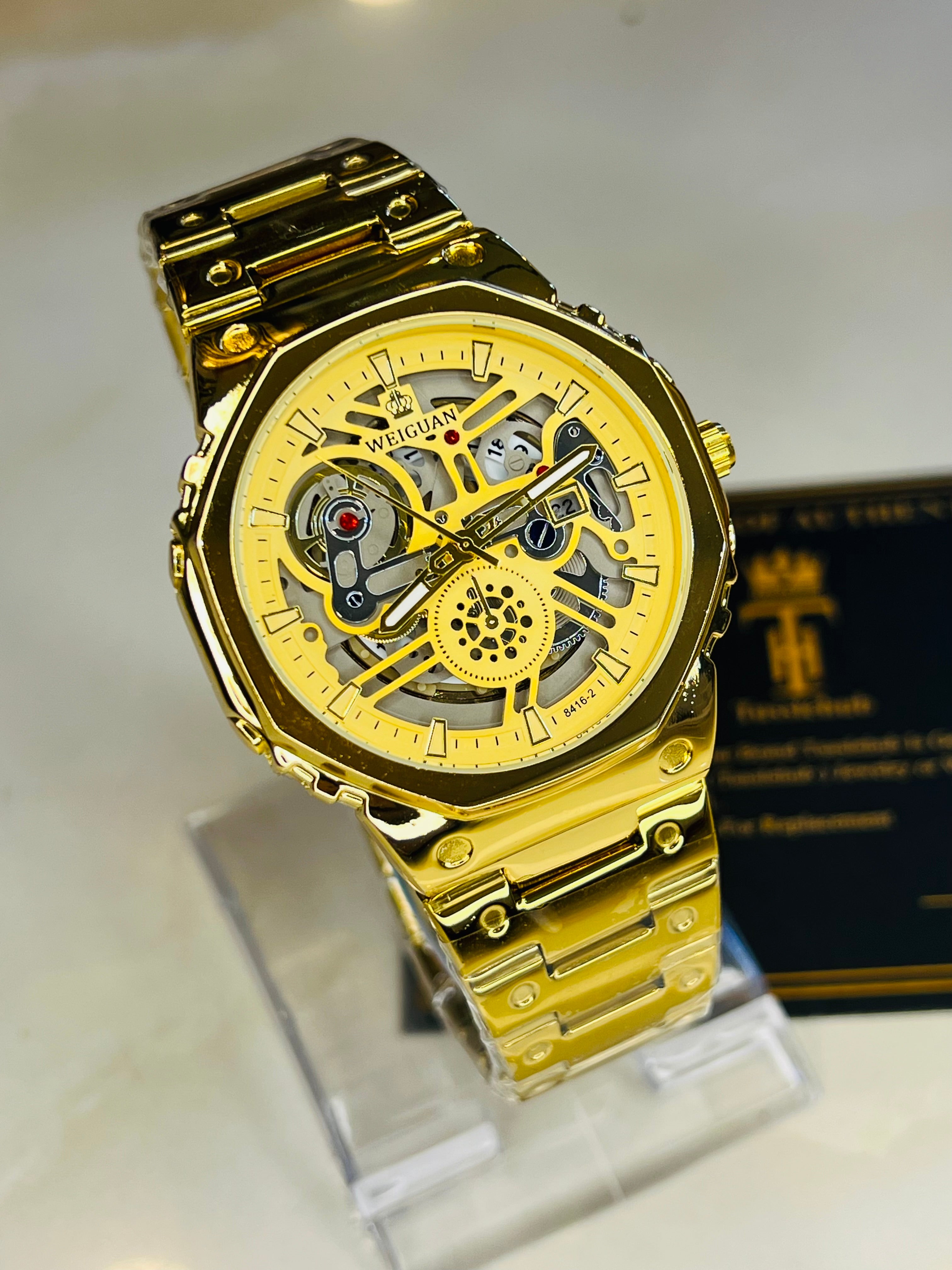 Weiguan Gold Skeleton Dial Watch