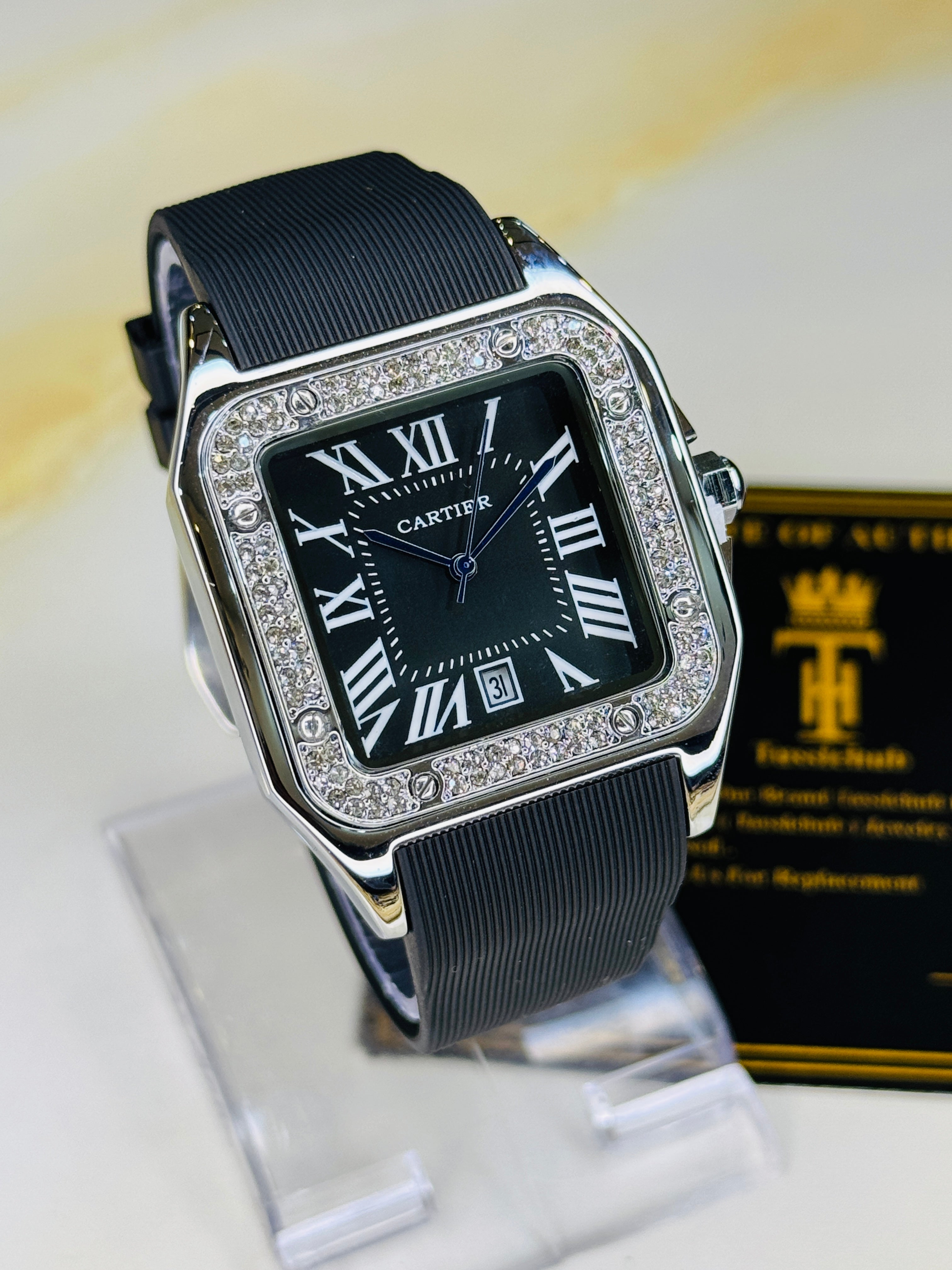 Silver Black Iced Tank Silicon Cartier Watch
