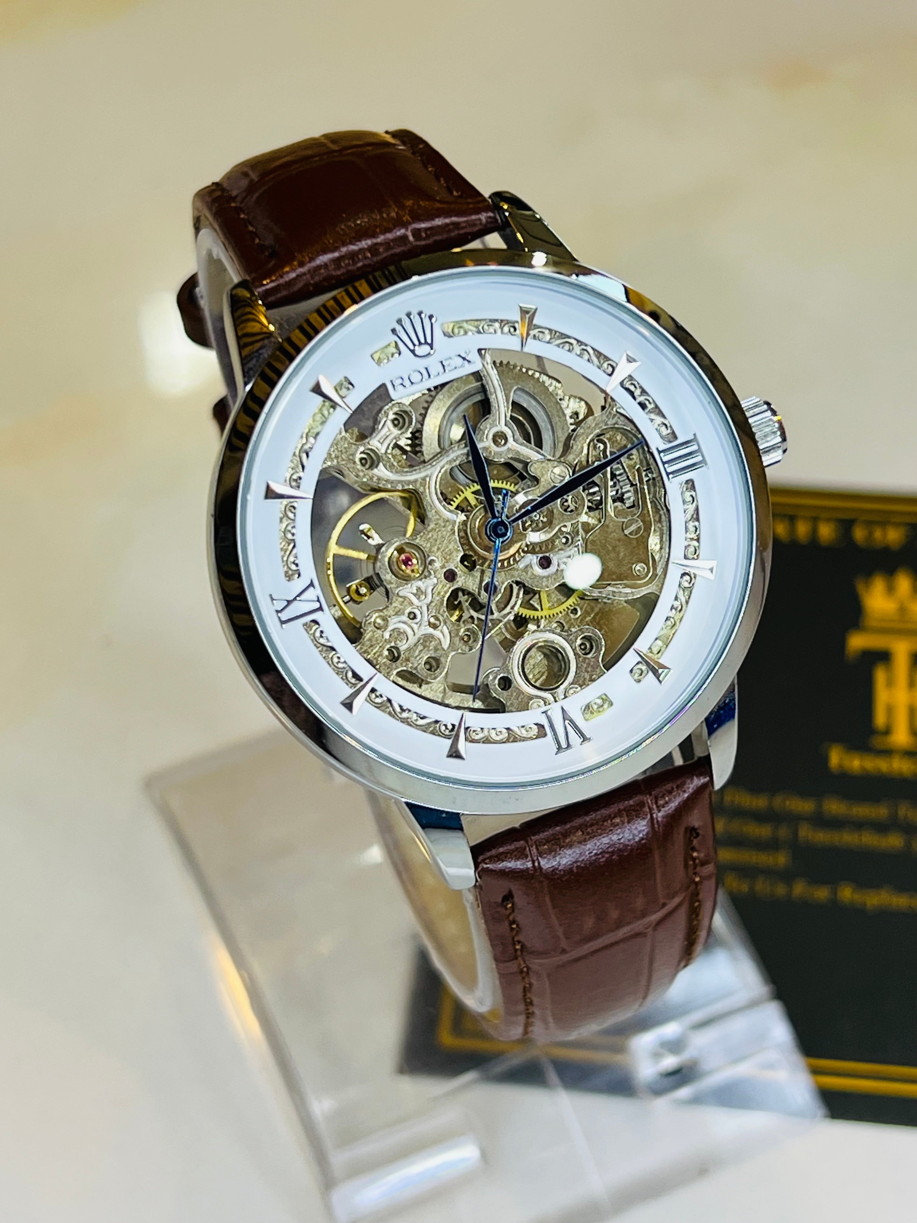 Leather Rol*x Brown White Automatic Skeleton Watch