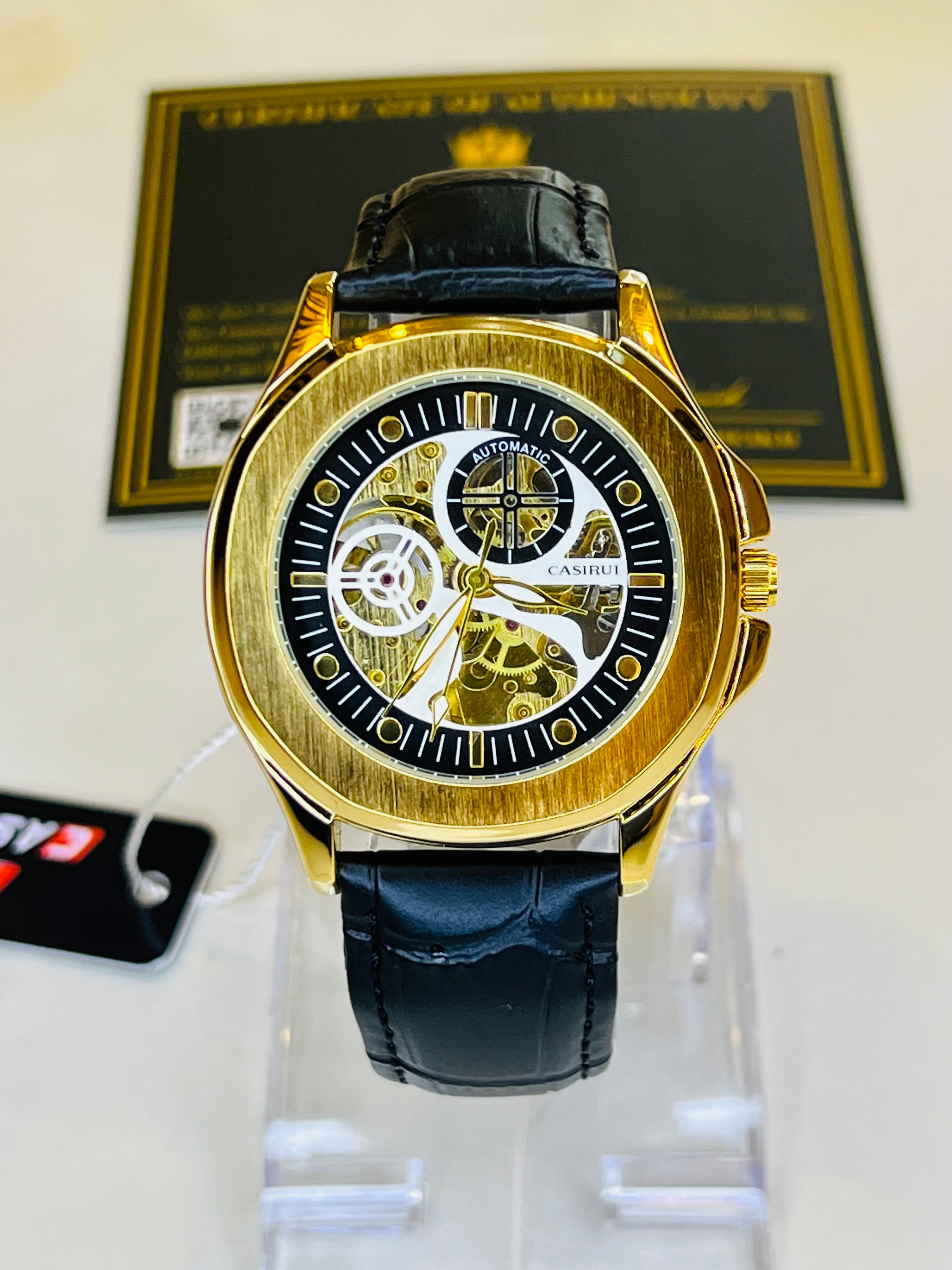 Casirui Black Gold Automatic Skeleton Leather watch