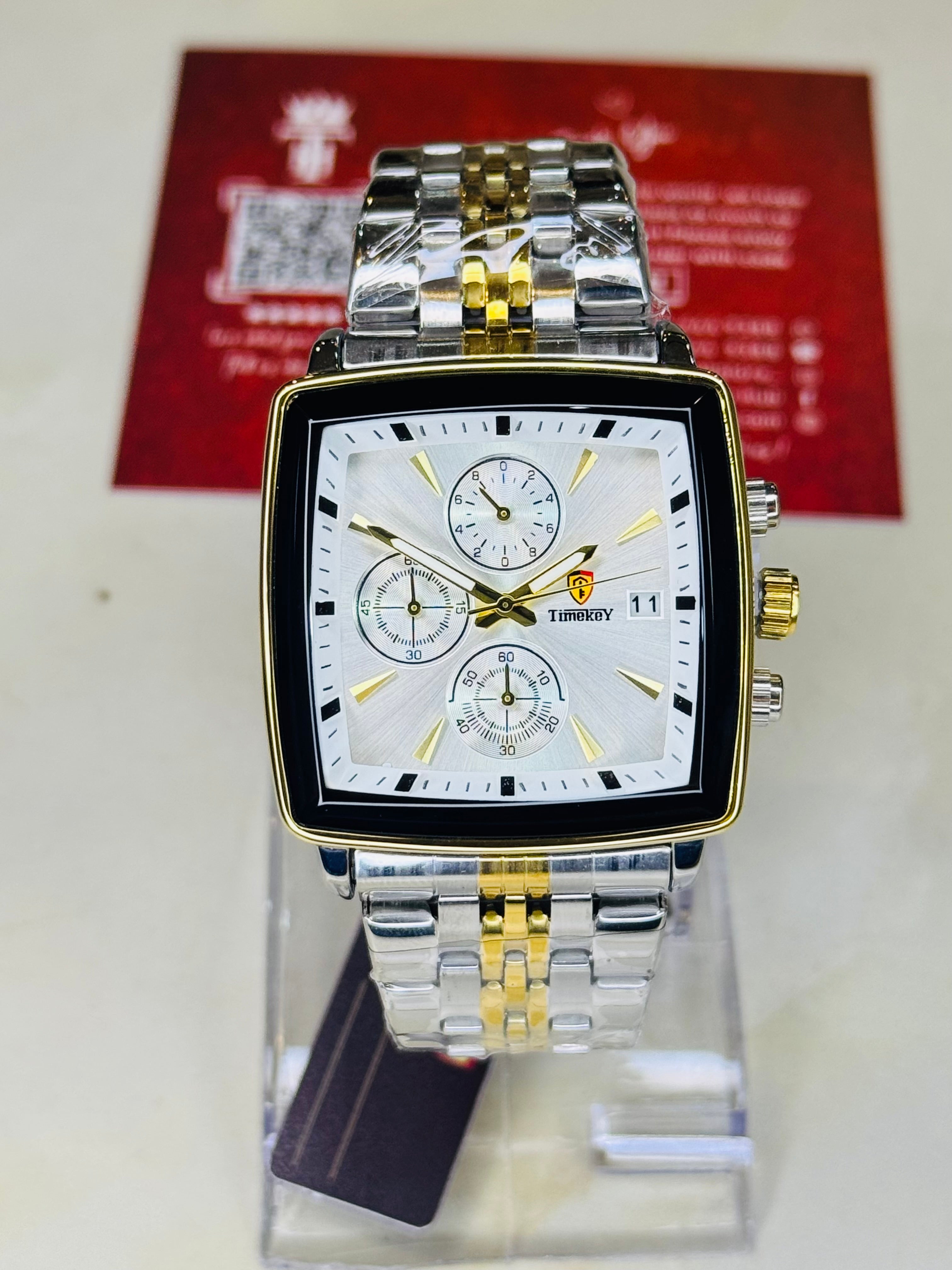 Timekey Two Tone White Square Chain Chronograph Watch
