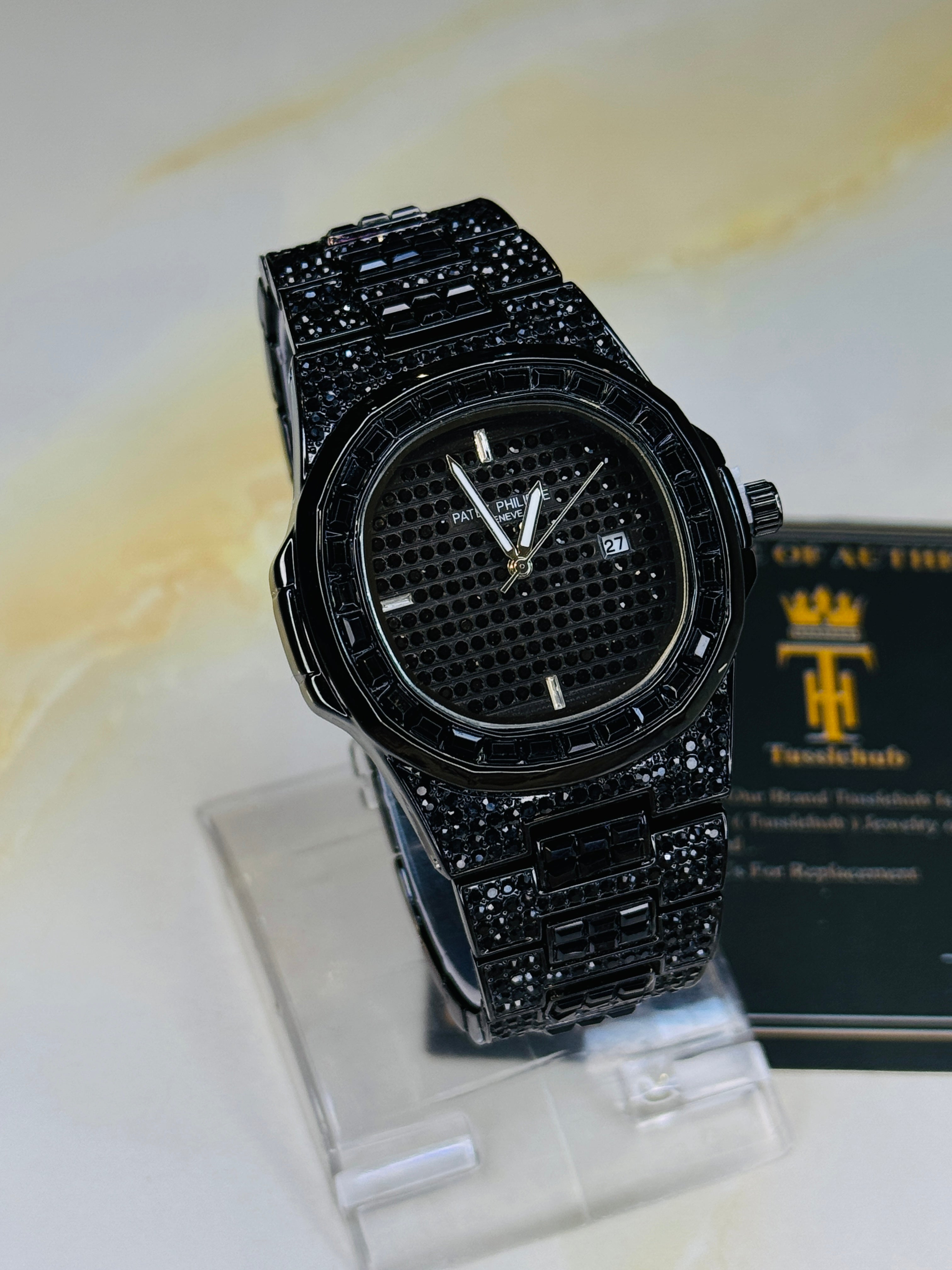 All Black Iced Out Nautilus Watch