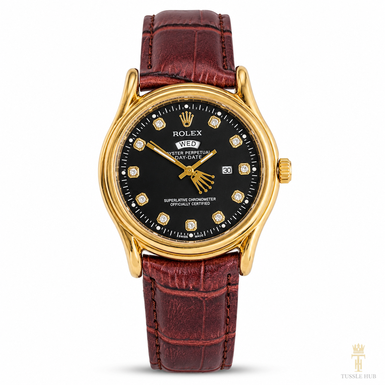 Brown Gold Black Round Leather Rolex Watch